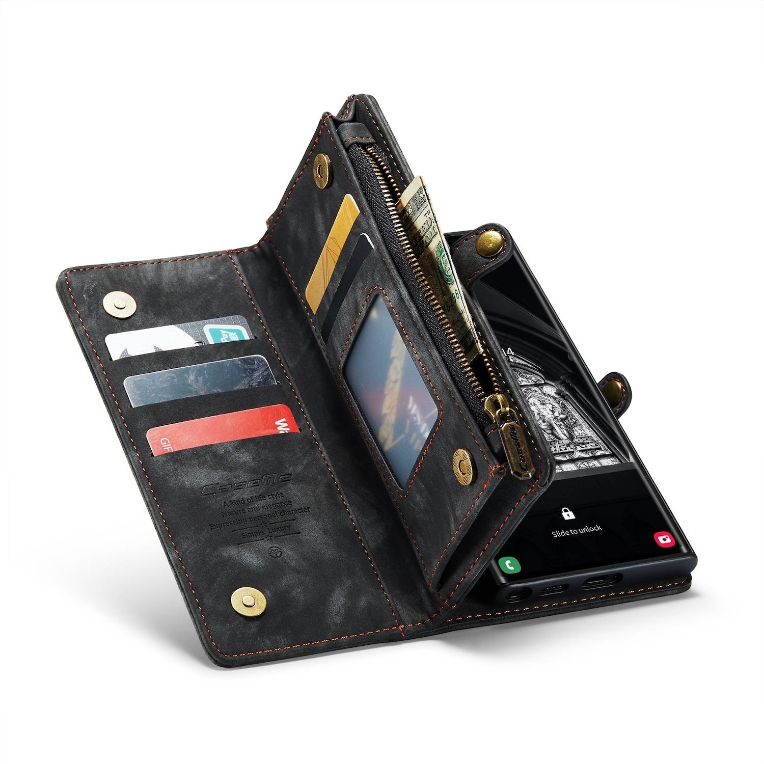 Für Samsung Galaxy S24 Ultra CaseMe Kunstleder Multifunktion Zipper Wallet Tasche Schwarz