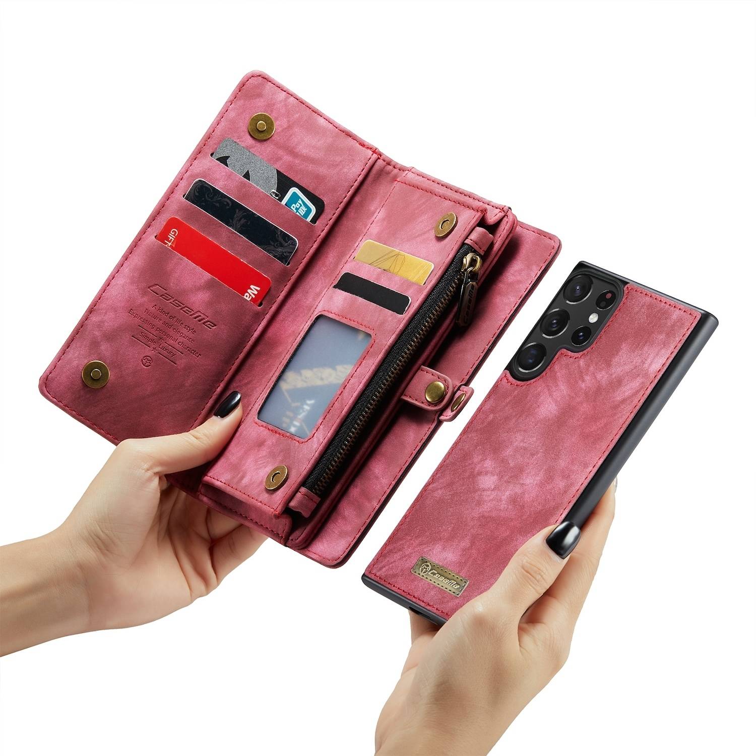 Für Samsung Galaxy S24 Ultra CaseMe Kunstleder Multifunktion Zipper Wallet Tasche Rot