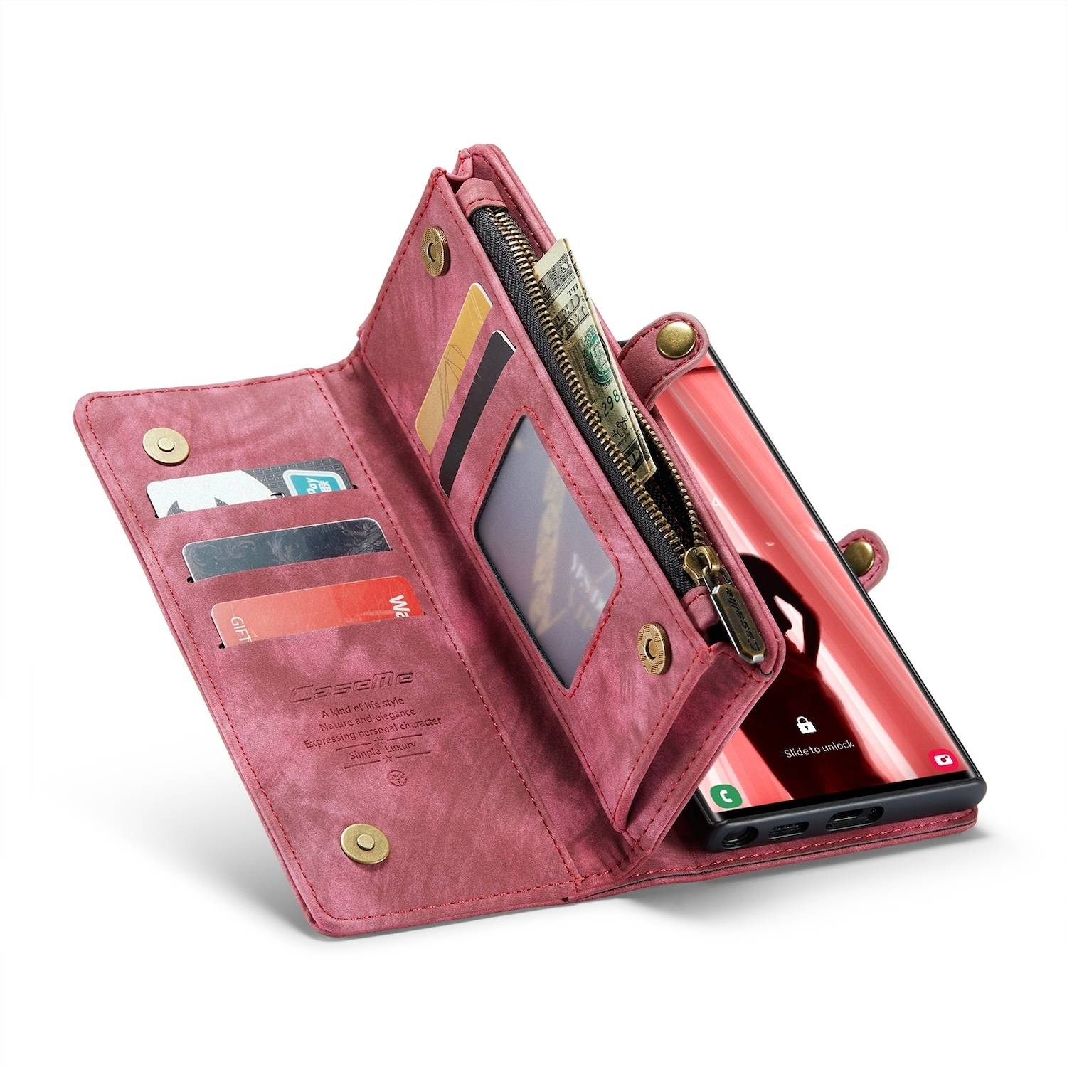 Für Samsung Galaxy S24 Ultra CaseMe Kunstleder Multifunktion Zipper Wallet Tasche Rot