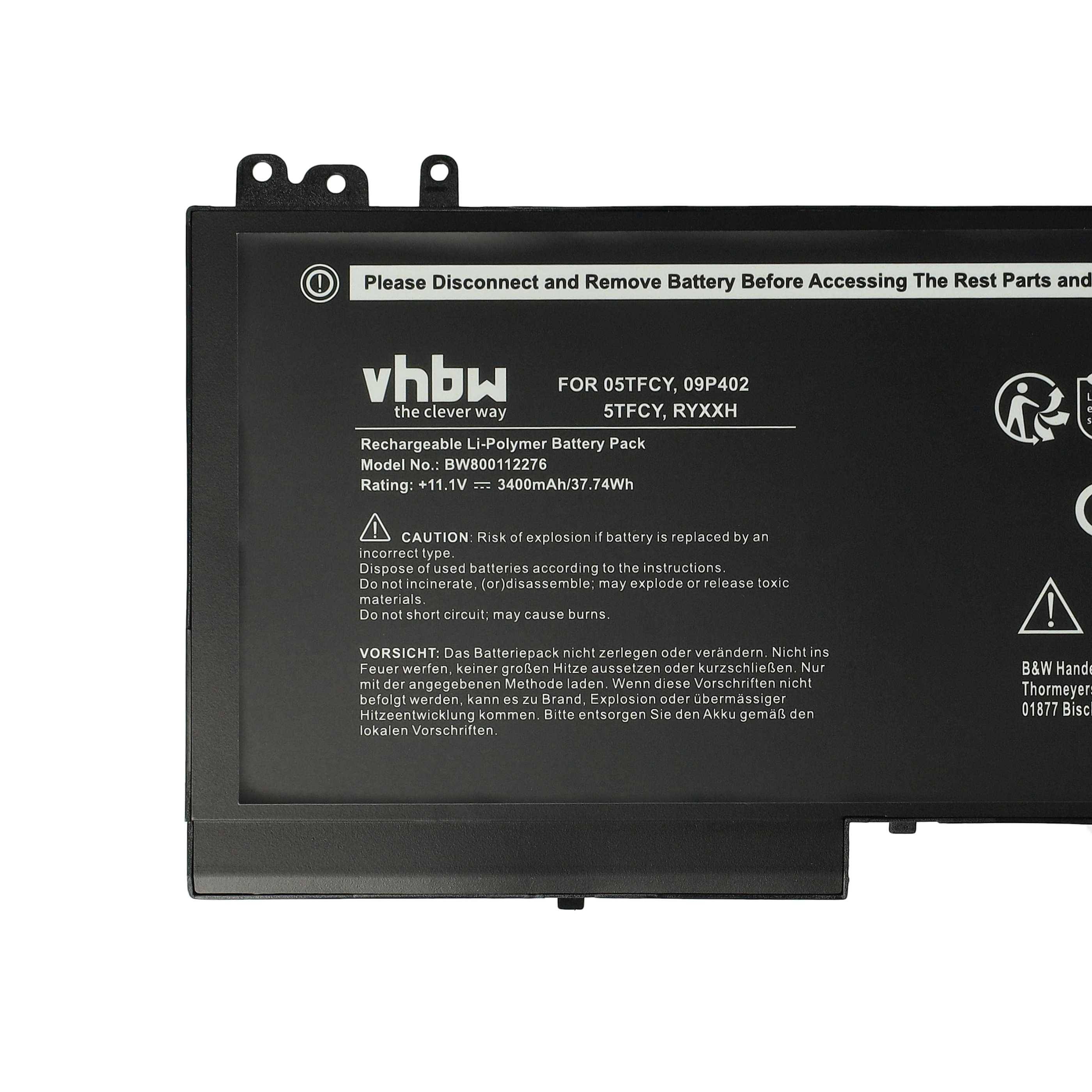 vhbw Akku Ersatz für Dell 09P402, 0JY8D6, 05TFCY, 0RYXXH, 0VVXTW, 0PYWG, 0RDRH9 für Notebook (3400 mAh, 11,1 V, Li-Polymer)