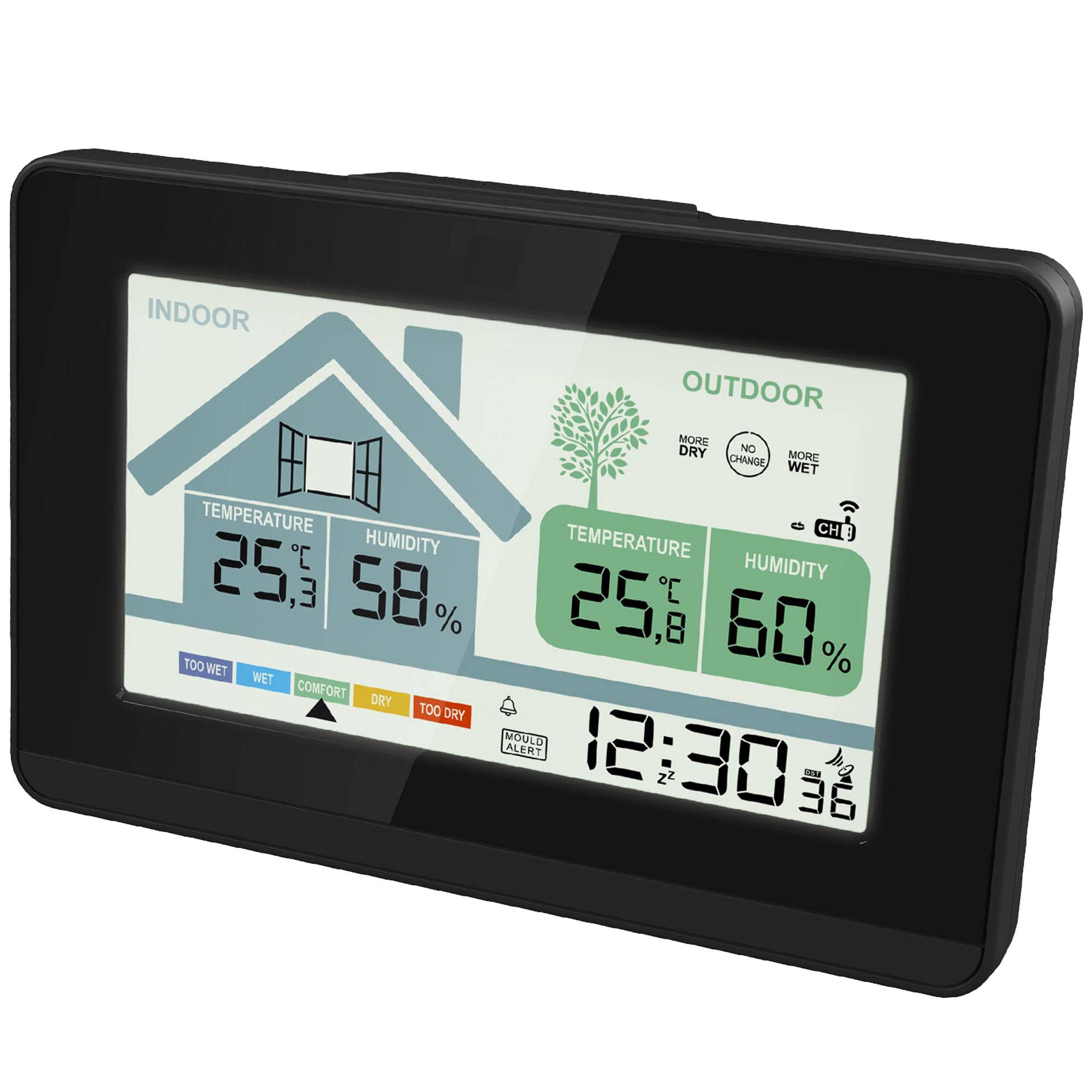 Funk-Wetterstation mit Lüftungsempfehlung 1x Sensor LCD Farb Display Funk-Wetterstation mit Datumsanzeige Digital Schwarz Funkuhr Alarm Snooze