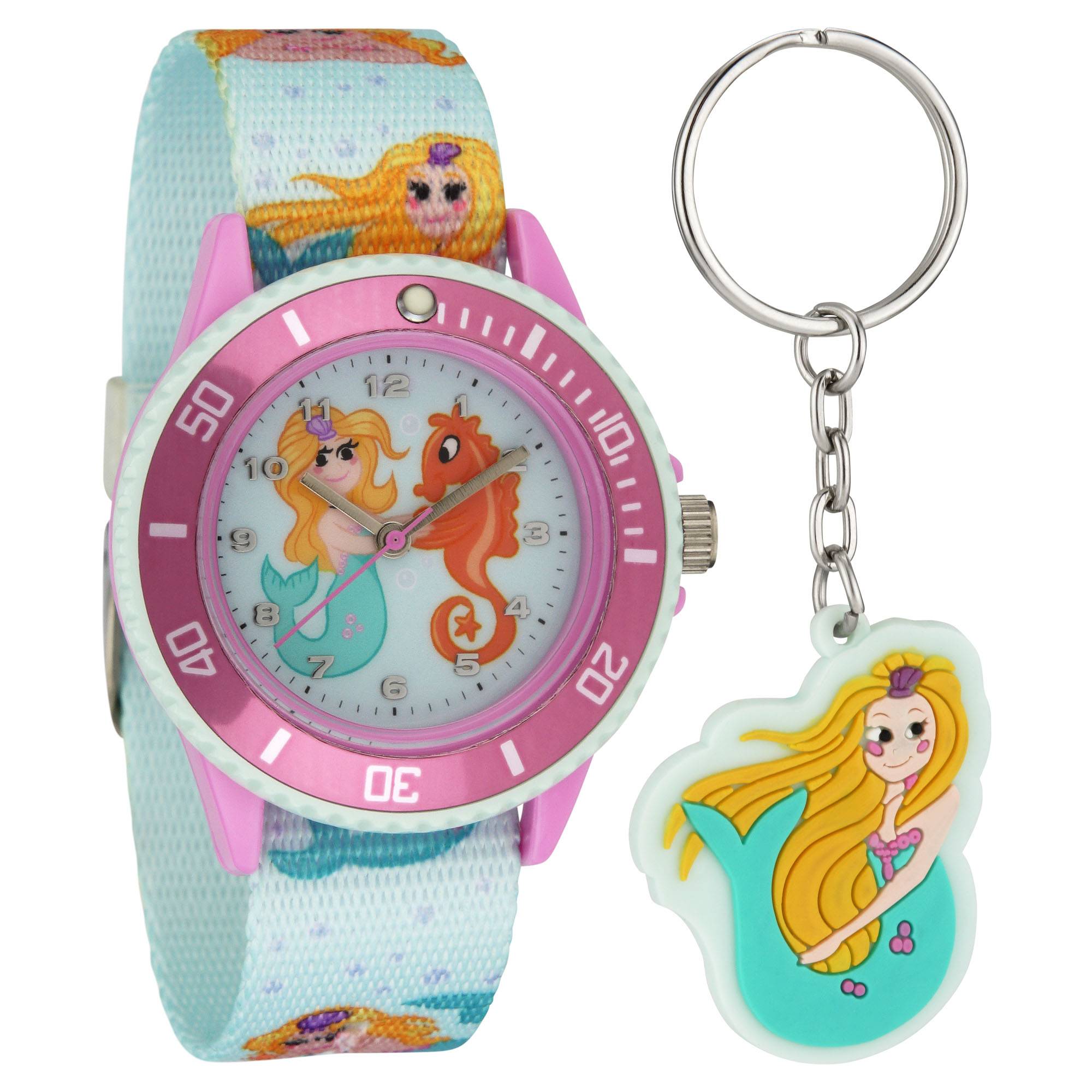 Kinderarmbanduhr mit Textilarmband und Schlüsselanhänger Motiv Meerjungfrau Blau - 2-LD5139-3 Ostergeschenk