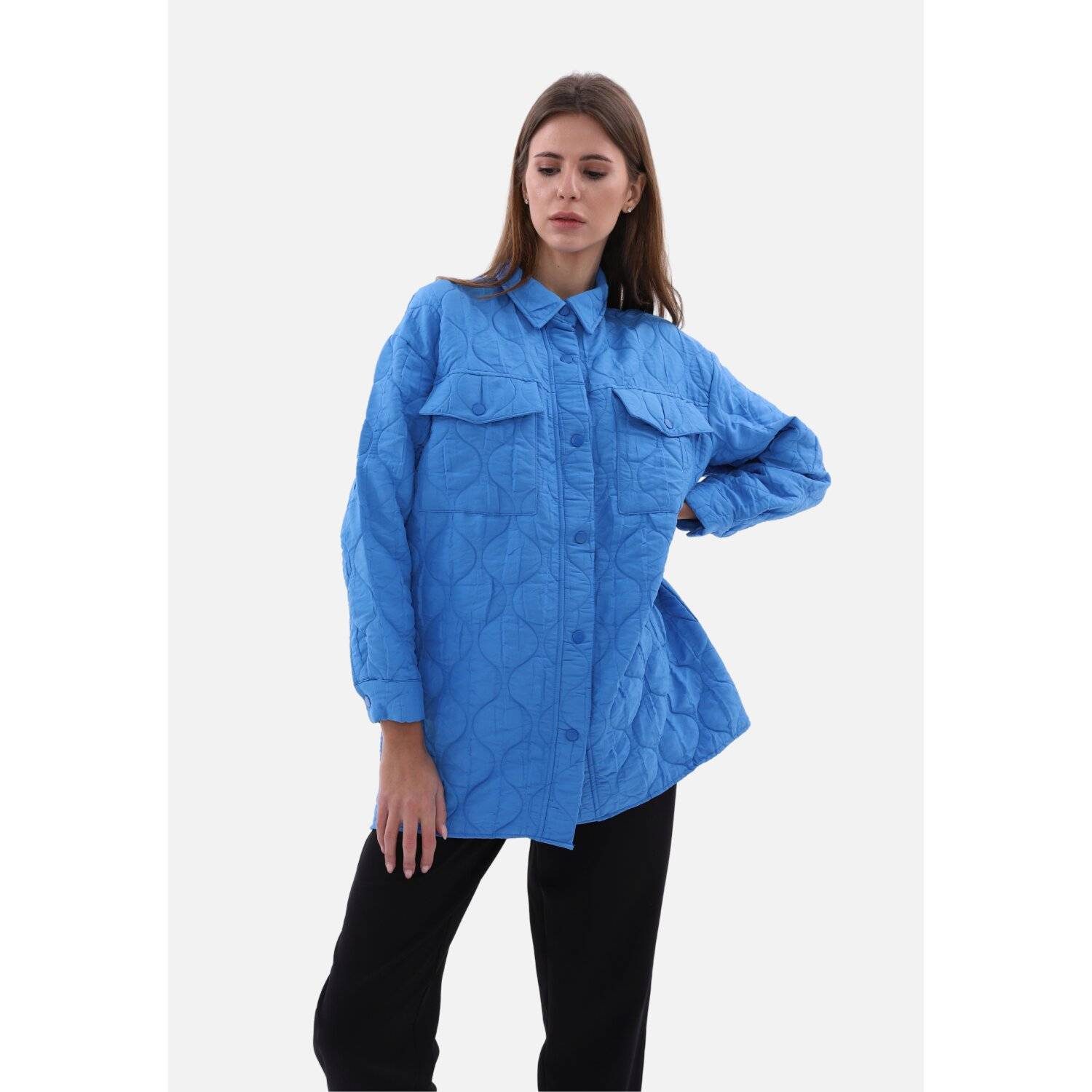 Damen Hemdjacke Stylische One-Size Damenjacke mit Kragen Blau