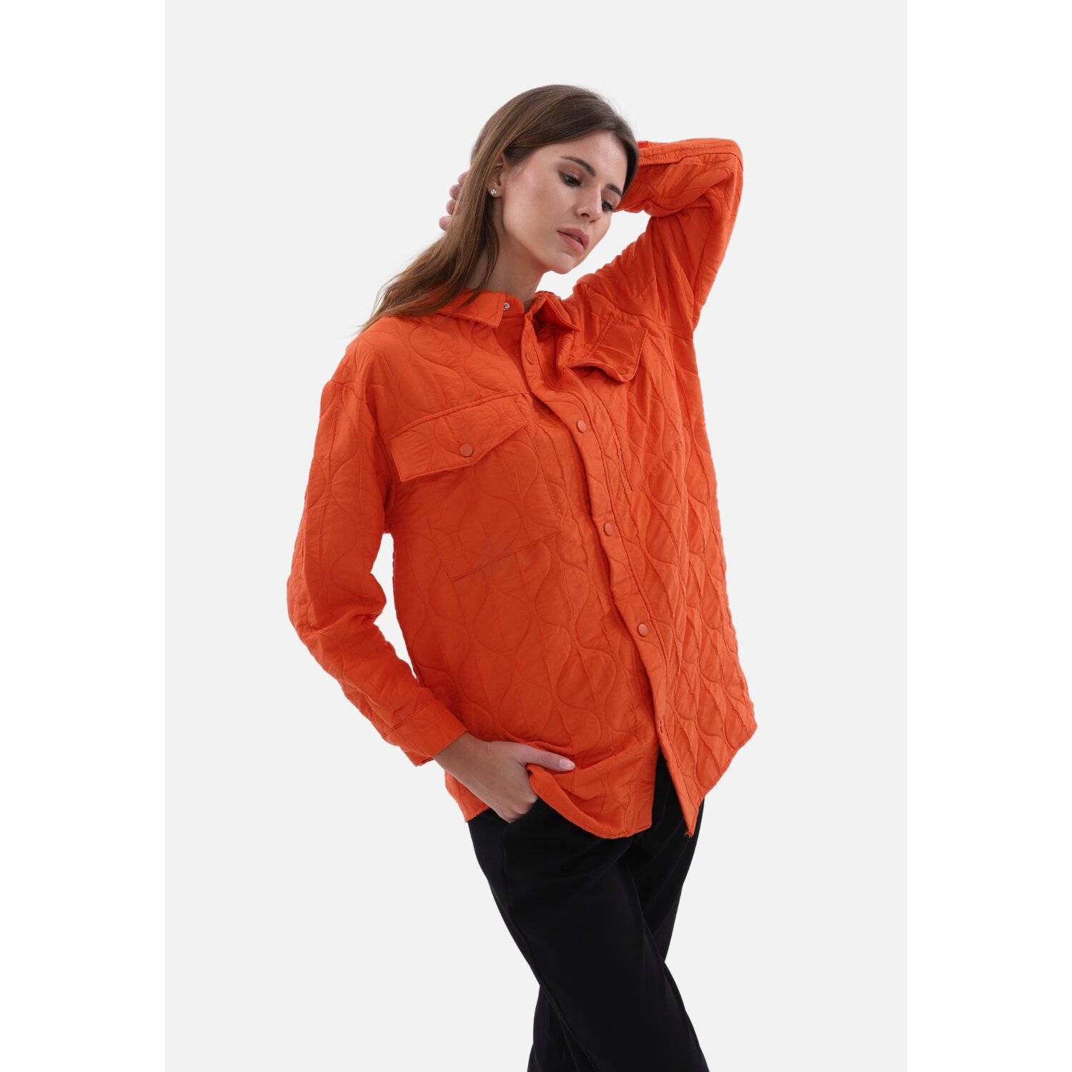 Damen Hemdjacke Stylische One-Size Damenjacke mit Kragen Orange