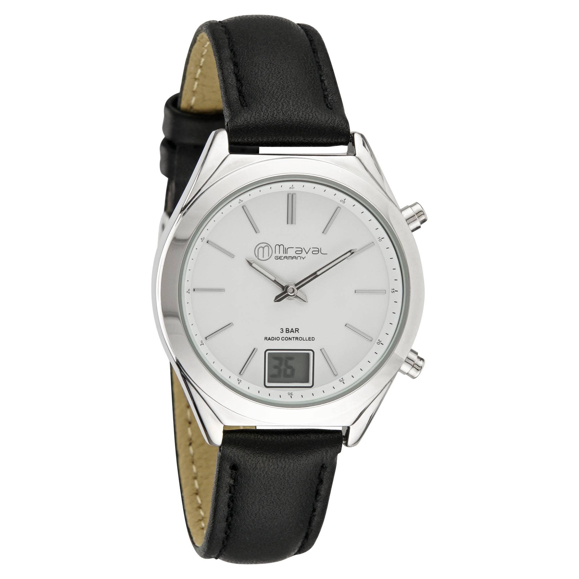 Miraval Funk-Armbanduhr mit Lederarmband Funkuhr 35 mm Leder 16 mm Funksignal DCF77 Herrenarmbanduhr Damenarmbanduhr Digitale & Analoge Anzeige