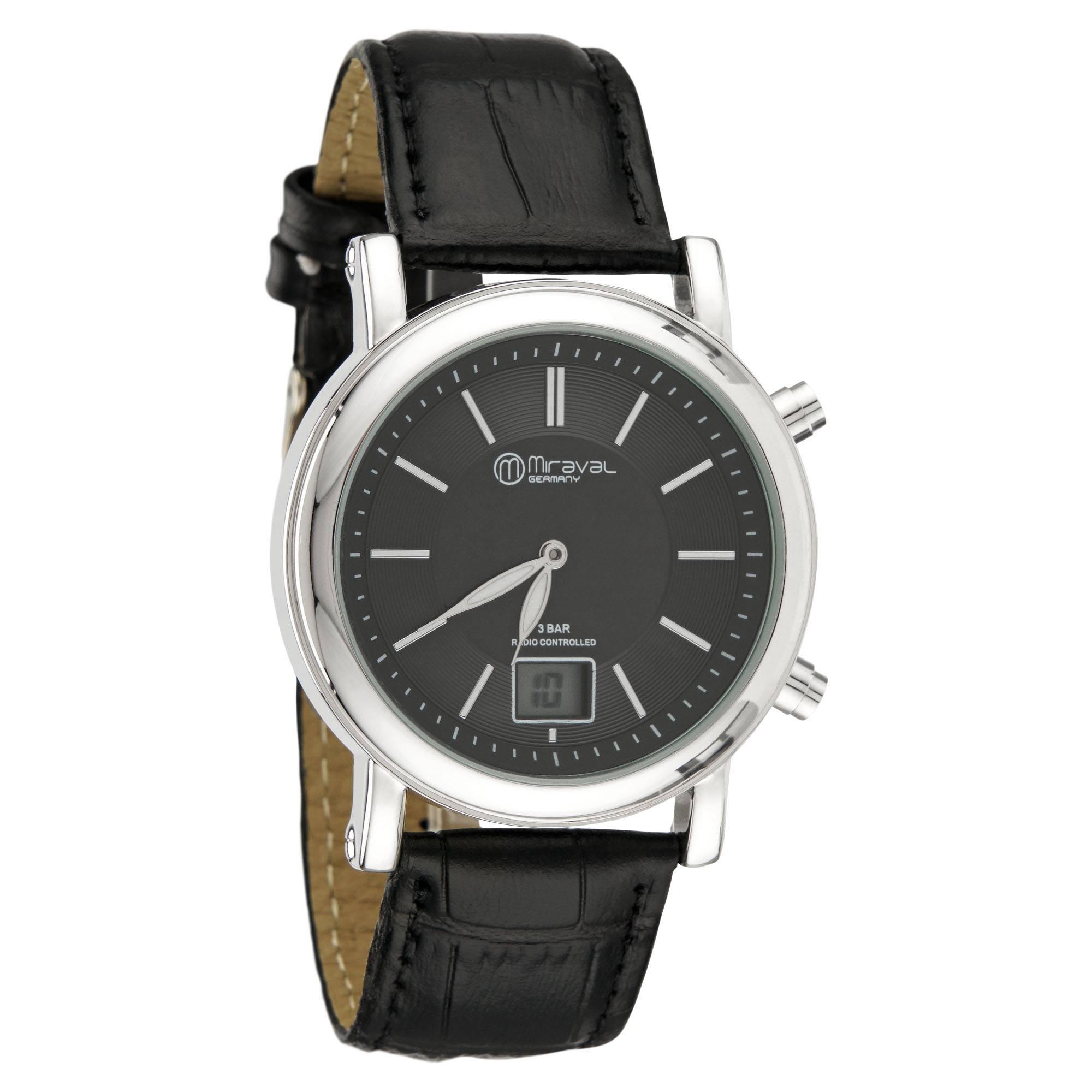 Miraval Fun-Armbanduhr mit Lederarmband Funkuhr 42 mm Leder 20 mm Funksignal DCF77 Herrenarmbanduhr Damenarmbanduhr Digitale & Analoge Anzeige