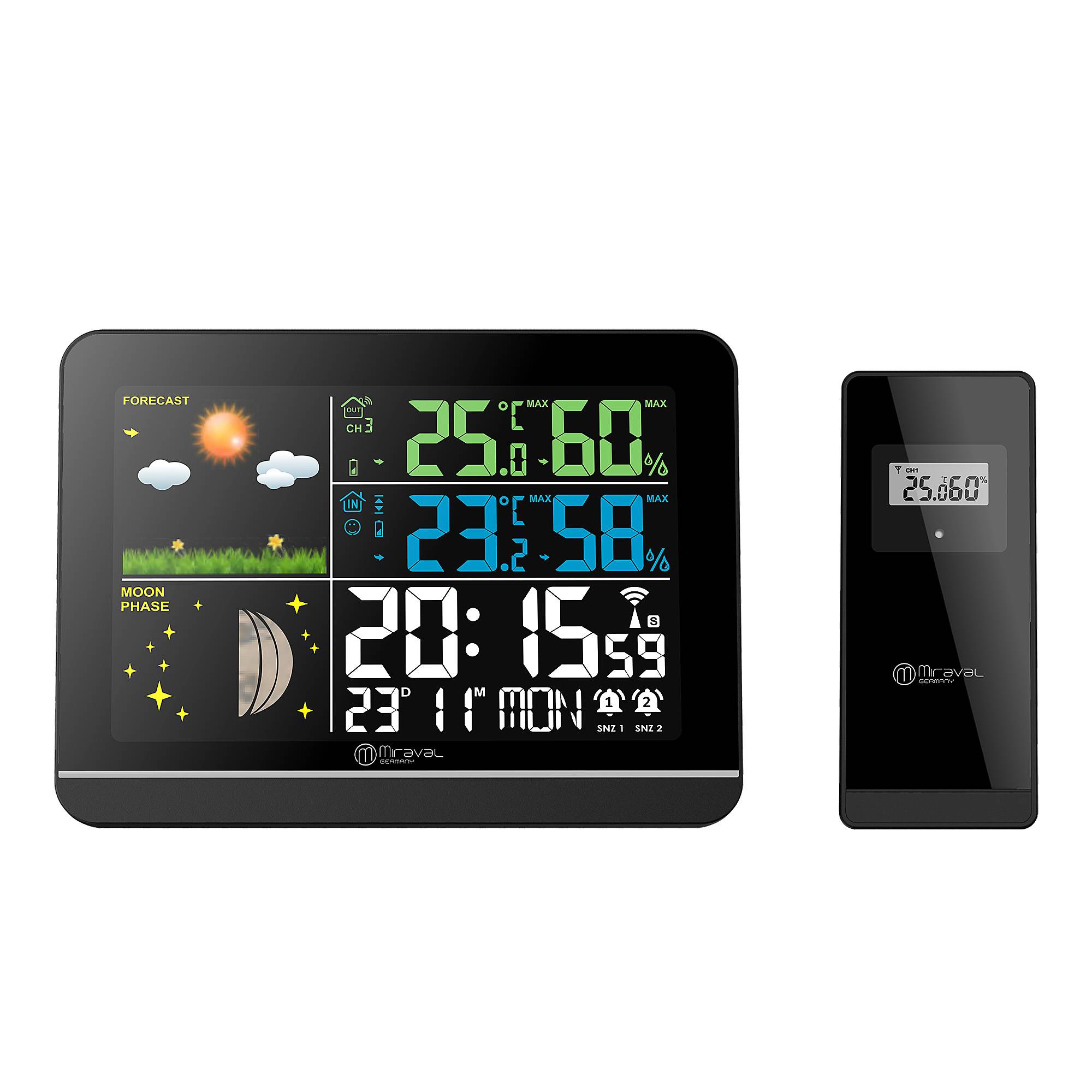 Funk-Wetterstation mit Farbdisplay Außensensor Schimmelwarner Hygrometer Barometer Datumsanzeige Mondphase Schwarz Frostalarm Wecker 
