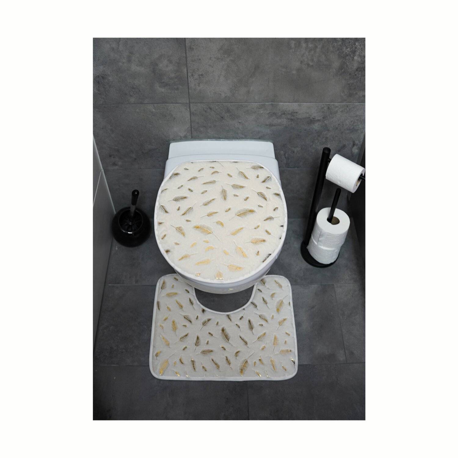 3 teiliges Badematten-Set mit Federmotiv aus Polyester Rutschfest und Waschbar Creme