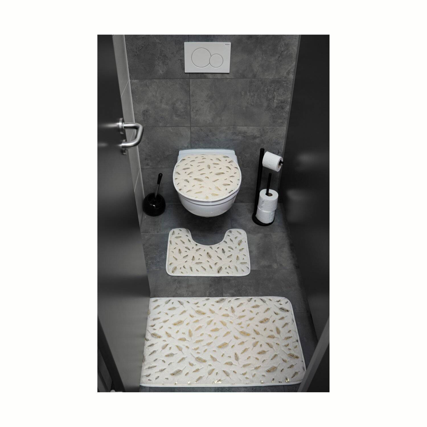 3 teiliges Badematten-Set mit Federmotiv aus Polyester Rutschfest und Waschbar Creme