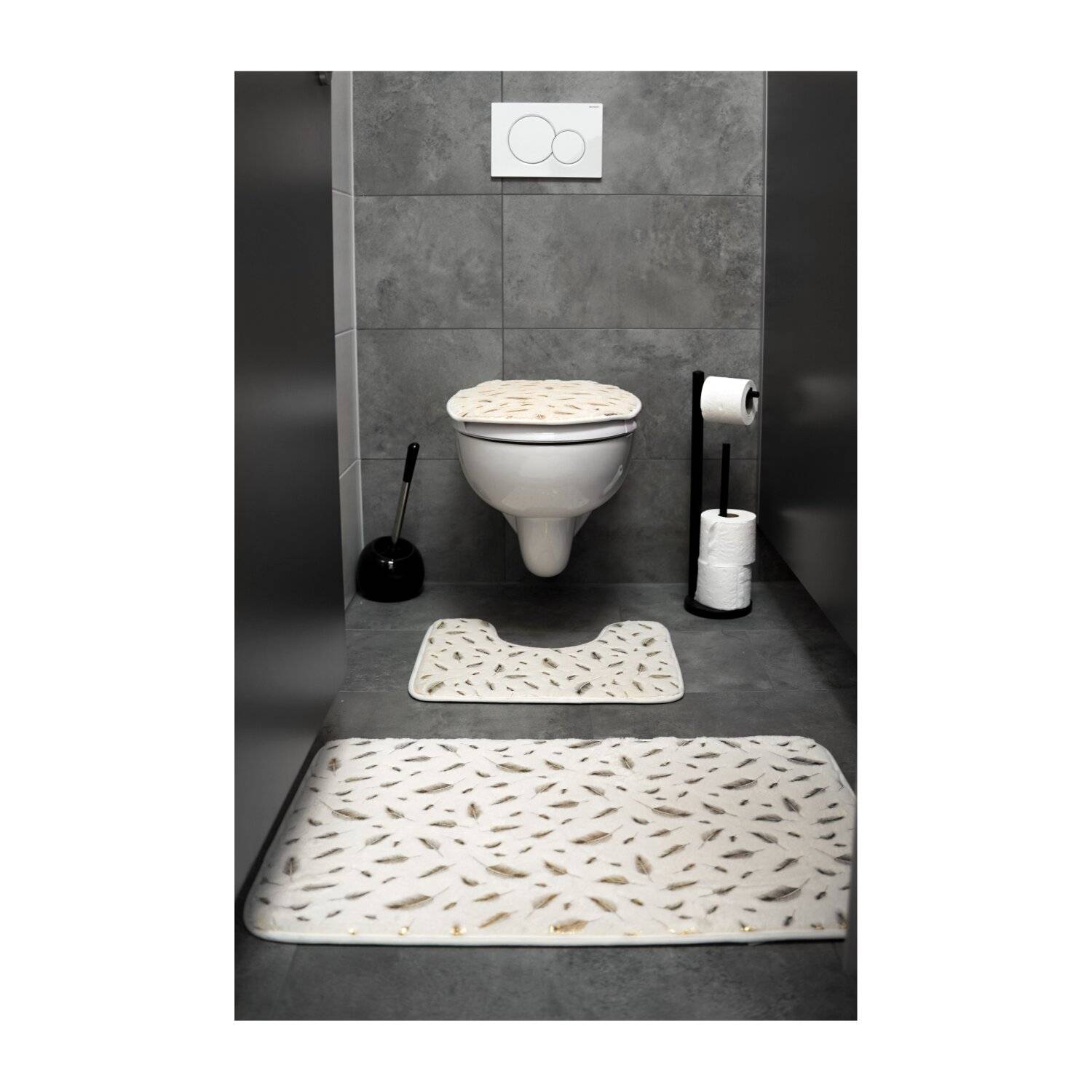 3 teiliges Badematten-Set mit Federmotiv aus Polyester Rutschfest und Waschbar Creme