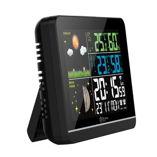 Funk-Wetterstation mit Farbdisplay Außensensor Schimmelwarner Hygrometer Barometer Datumsanzeige Mondphase Schwarz Frostalarm Wecker  Funk-Wetterstation mit Farbdisplay Außensensor Schimmelwarner Hygrometer Barometer Datumsanzeige Mondphase Schwarz Frostalarm Wecker