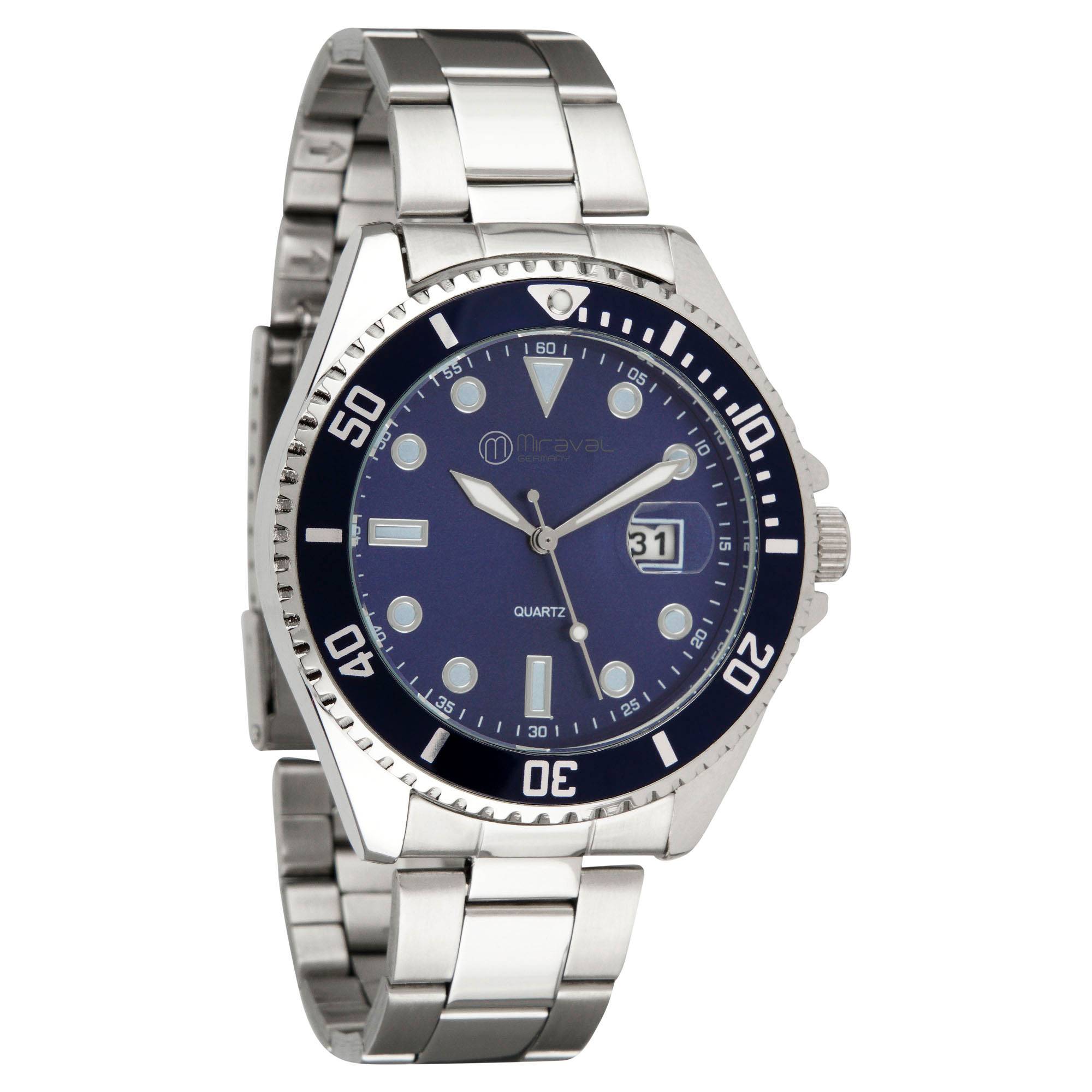 Miraval Herrenarmbanduhr mit Edelstahlarmband 43 mm Datumsanazeige Lupe japanisches Quarzuhrwerk 21 mm breit Klassich Modern Männer Blau