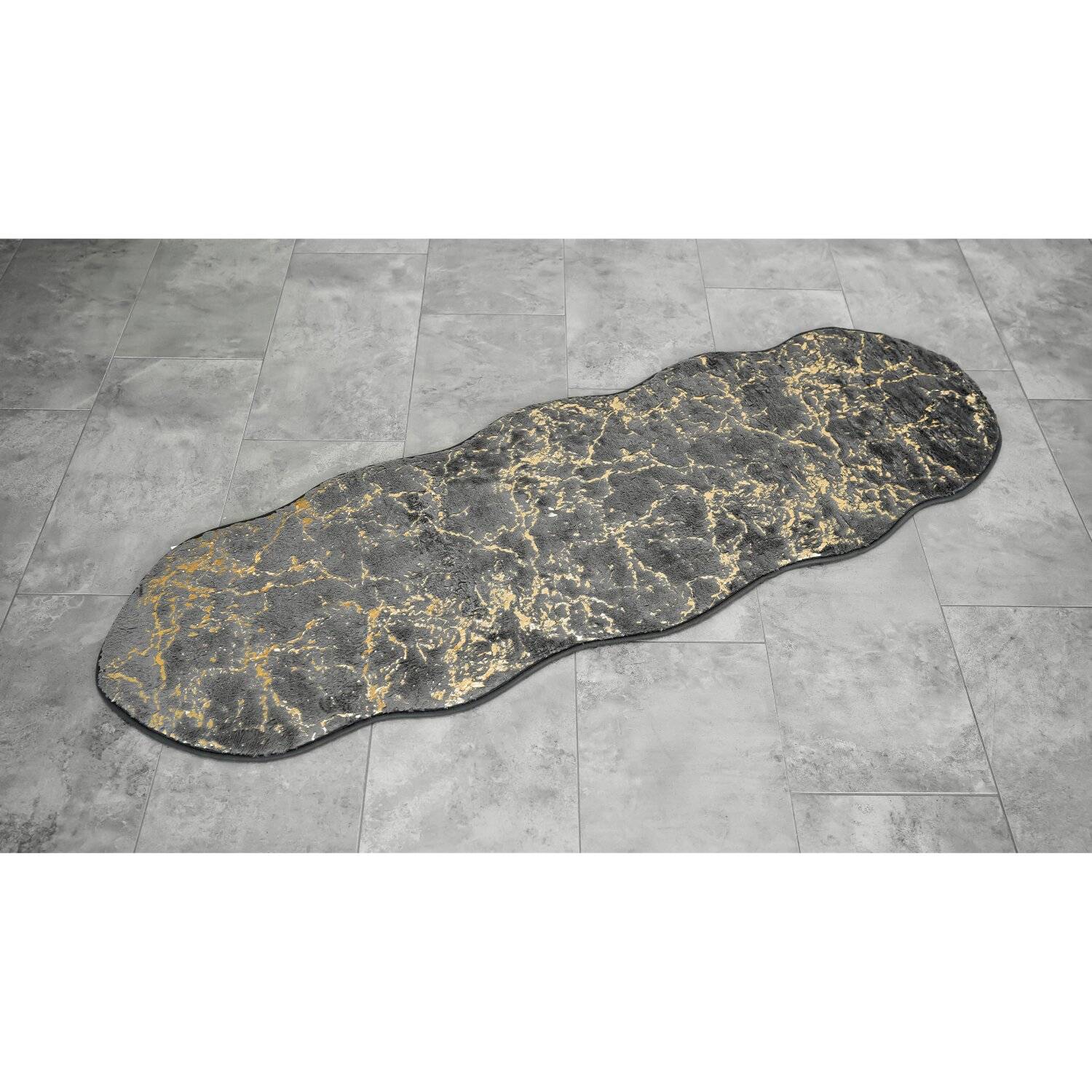 Trendmax Badematte mit Marmormotiv Rutschfest Waschbar mit wellige Umrandung Grau/Gold