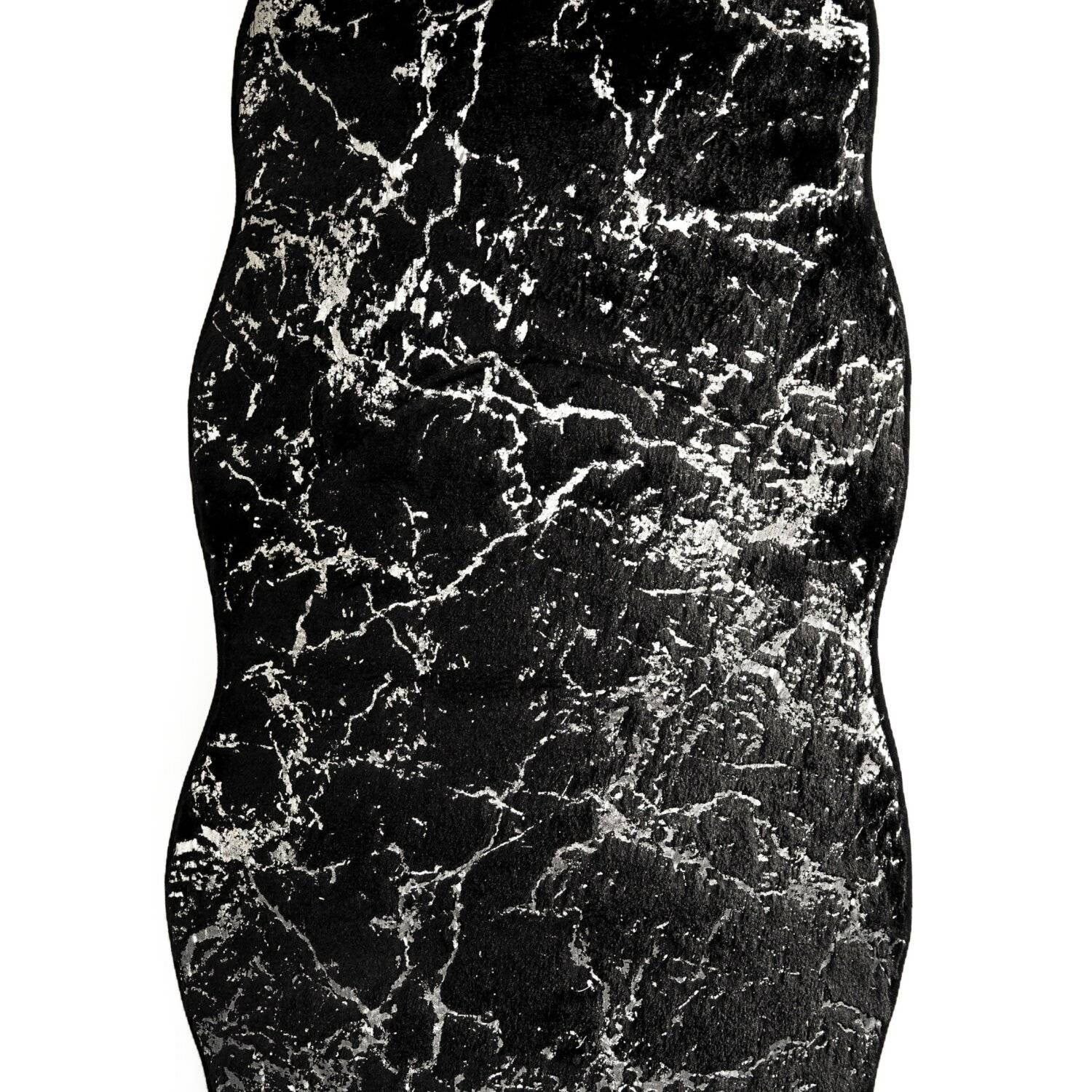 Trendmax Badematte mit Marmormotiv Rutschfest Waschbar mit wellige Umrandung Schwarz/Silber