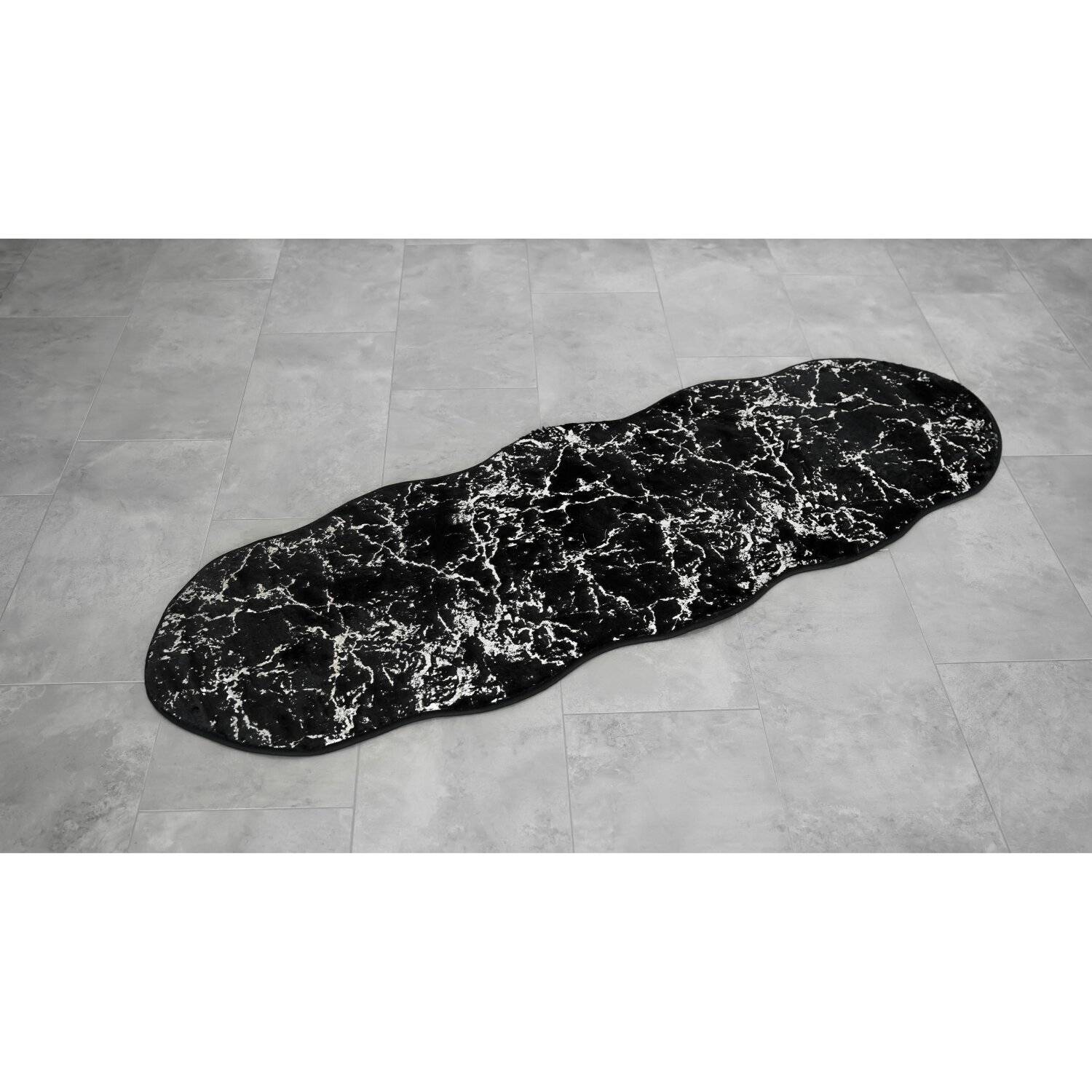 Trendmax Badematte mit Marmormotiv Rutschfest Waschbar mit wellige Umrandung Schwarz/Silber