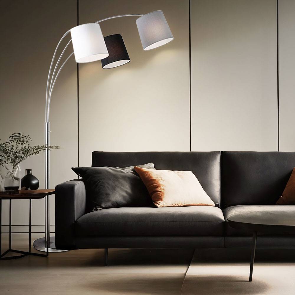 LED Stehlampe dimmbar mit Fernbedienung Bogenlampe Wohnzimmer grau Stehleuchte Deckenfluter dreiflammig Stoffschirm, RGB Farbwechsel, 3x 8,5W 3x