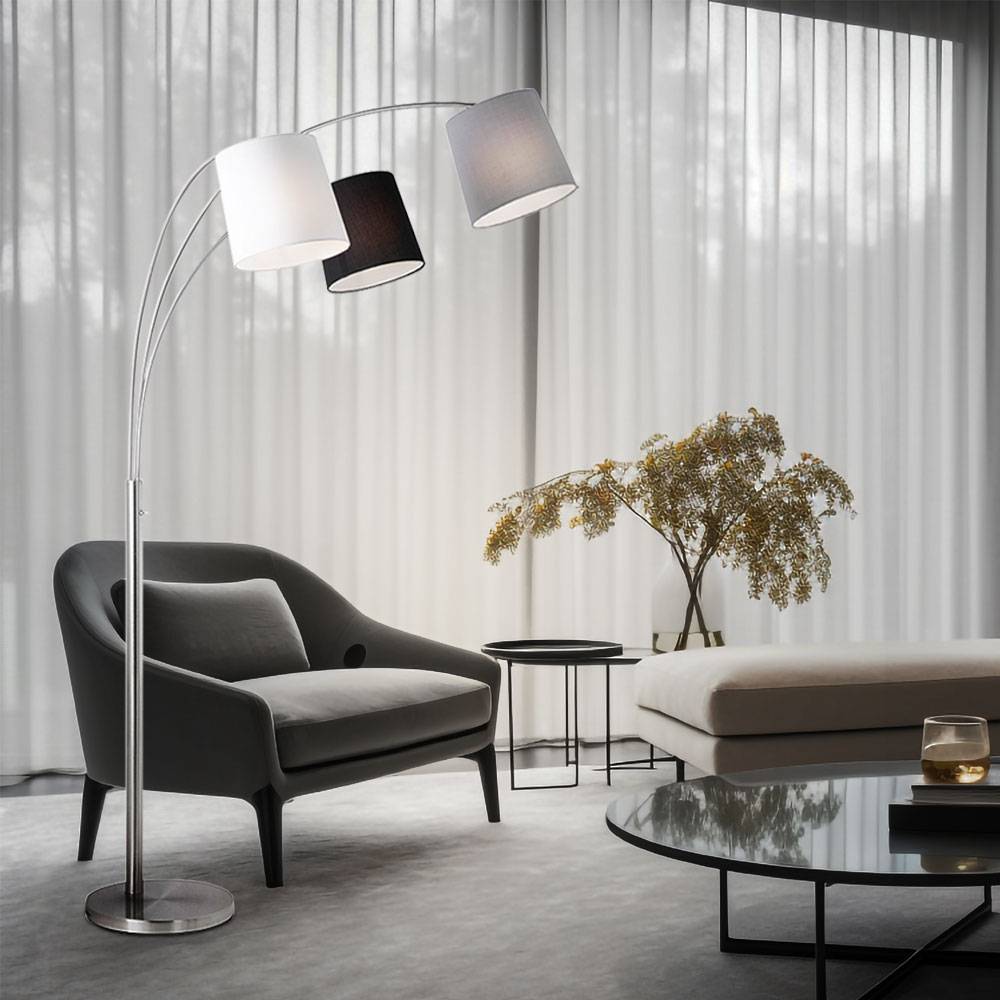 Bogenlampe Wohnzimmer Stehlampe schwarz weiß grau Stehleuchte dreiflammig Stoffschirm, 3x E27, LxH 100 x 190 cm