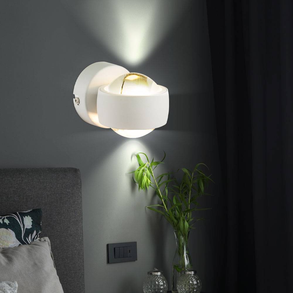 Wandlampe Wandleuchte Flurleuchte Treppenhausleuchte Wohnzimmerlampe, 2 Flammig Up & Down, Metall weiß Glas klar, LED 6W 320Lm warmweiß, BxA 7,5x10c
