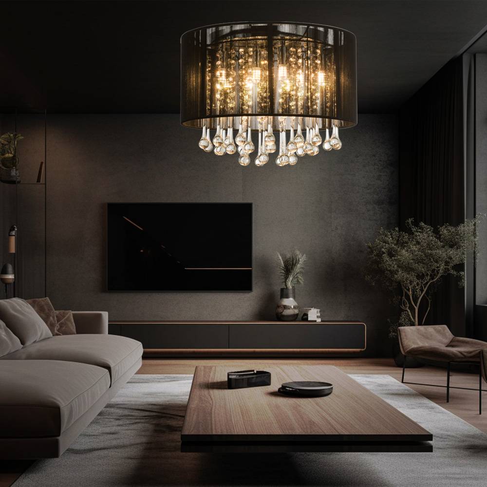 LED Decken Hänge Leuchte Glas Kristall Wohn Zimmer Pendel Lampe Seide schwarz