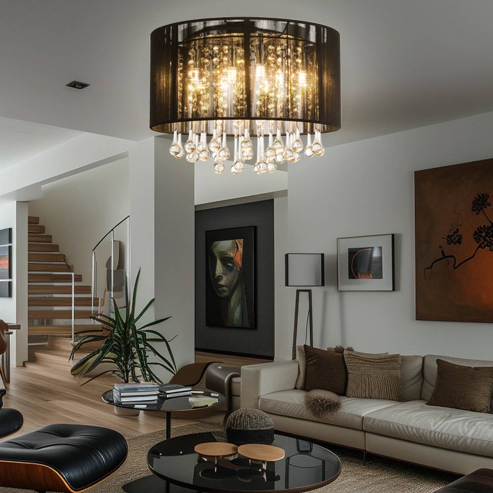 Deckenlampe Deckenleuchte schwarz Glaskristalle Esszimmer 8 flammig, Metall Seide, 8x LED warmweiß, DxH 40x29 cm