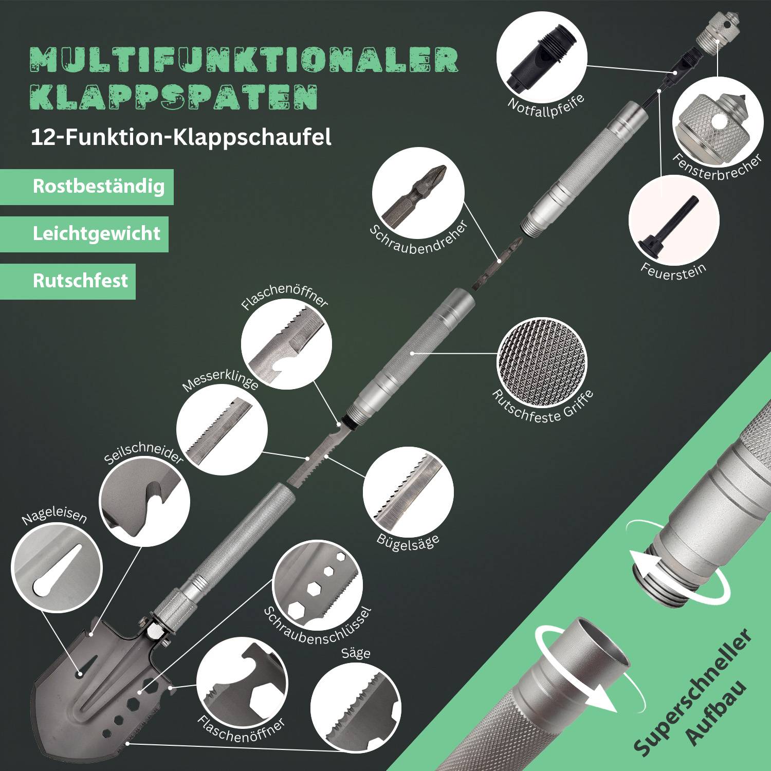 Berger & Schröter Klappspaten, Outdoor Schaufel, Multifunktionsspaten lang