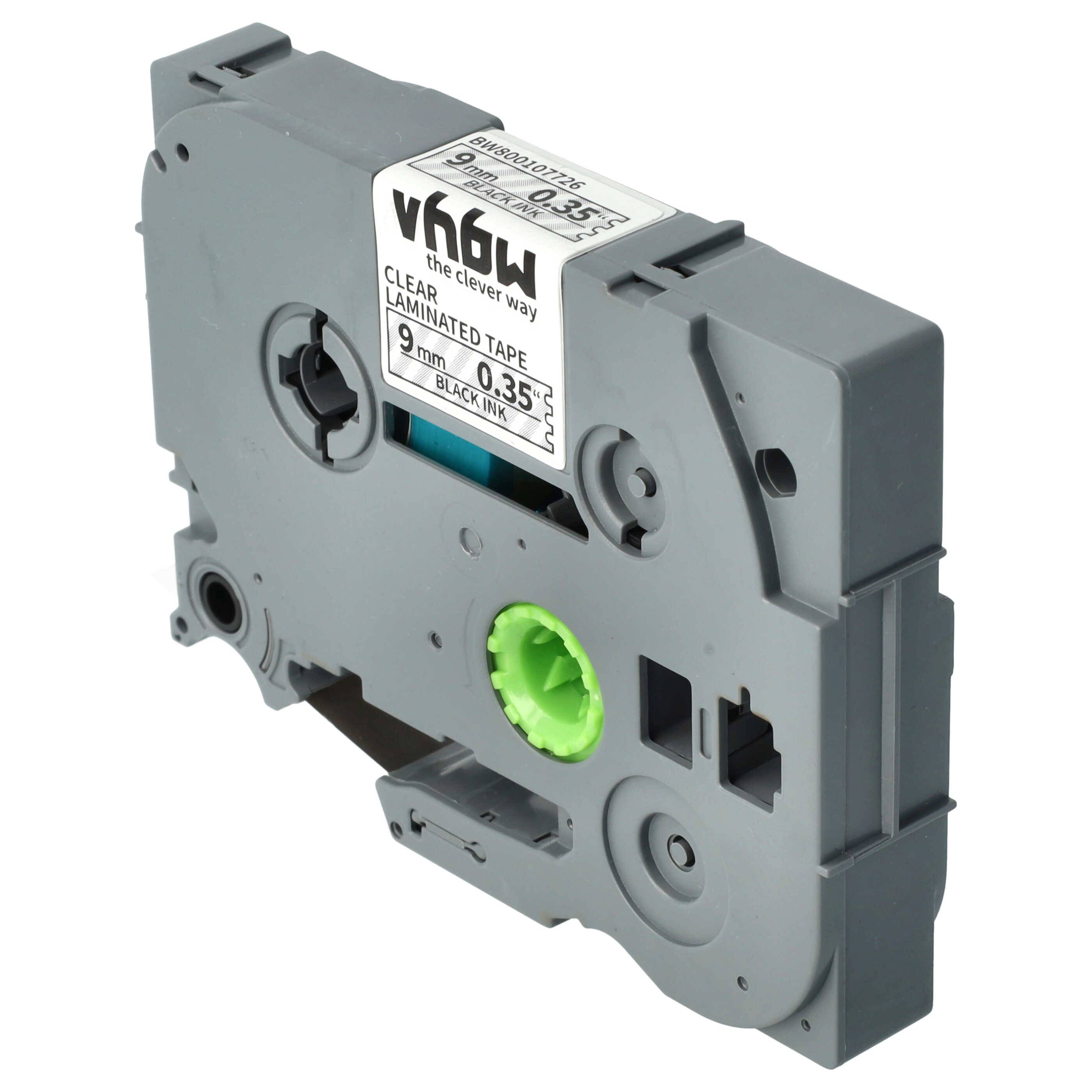 vhbw Schriftband-Kassette kompatibel mit Brother PT 9600, 9400, 9700PC, 9800PCN, D200, D200VP Etiketten-Drucker 8m x 9mm Schwarz auf Transparent