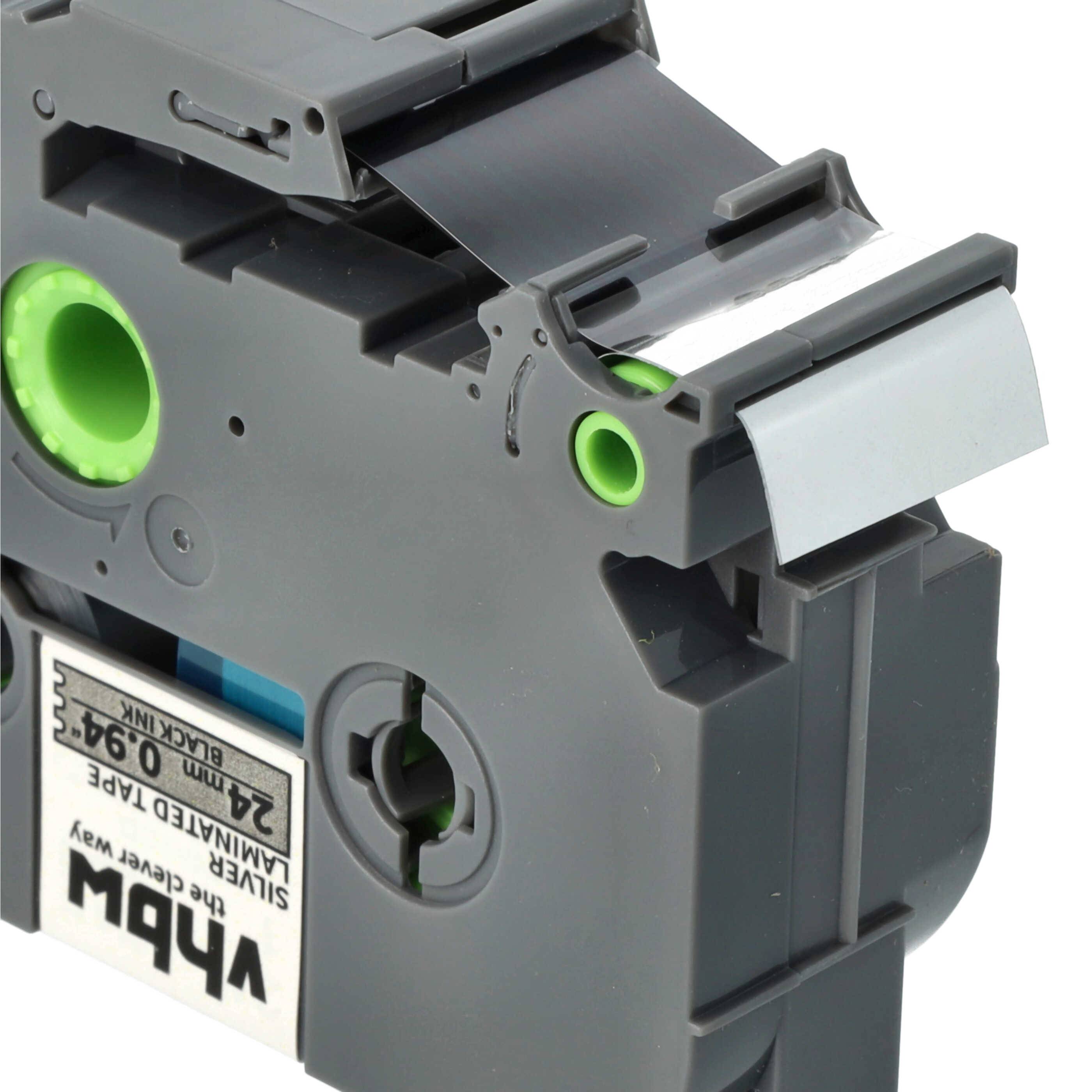 vhbw Schriftband-Kassette kompatibel mit Brother PT 2410, 2450, 2400, 2420PC, 2450CC, 2400E, 2430PC Etiketten-Drucker 8m x 24mm Schwarz auf Silber