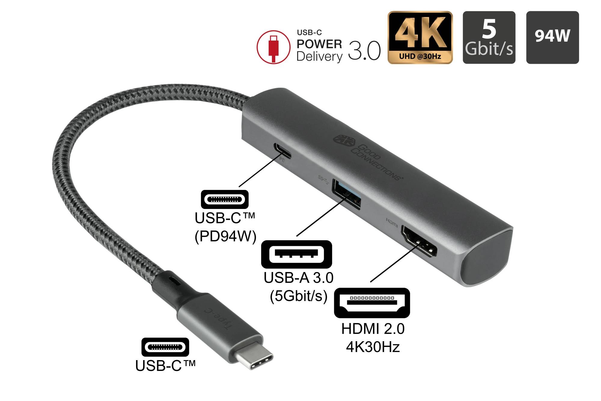 USB-C™-Hub (3-Port), 1x HDMI 2.0, 1x USB-C™ (PD 94W), USB 3.0 A, anthrazit
