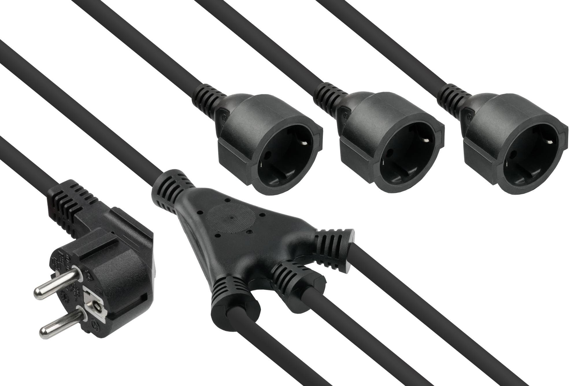 W-Netzkabel Schutzkontakt-Stecker Typ E+F (CEE 7/7, gewinkelt) an 3x Buchse, schwarz, 0,2m