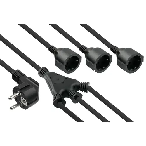 W-Netzkabel Schutzkontakt-Stecker Typ E+F (CEE 7/7, gewinkelt) an 3x Buchse, schwarz, 0,2m W-Netzkabel Schutzkontakt-Stecker Typ E+F (CEE 7/7, gewinkelt) an 3x Buchse, schwarz, 0,2m