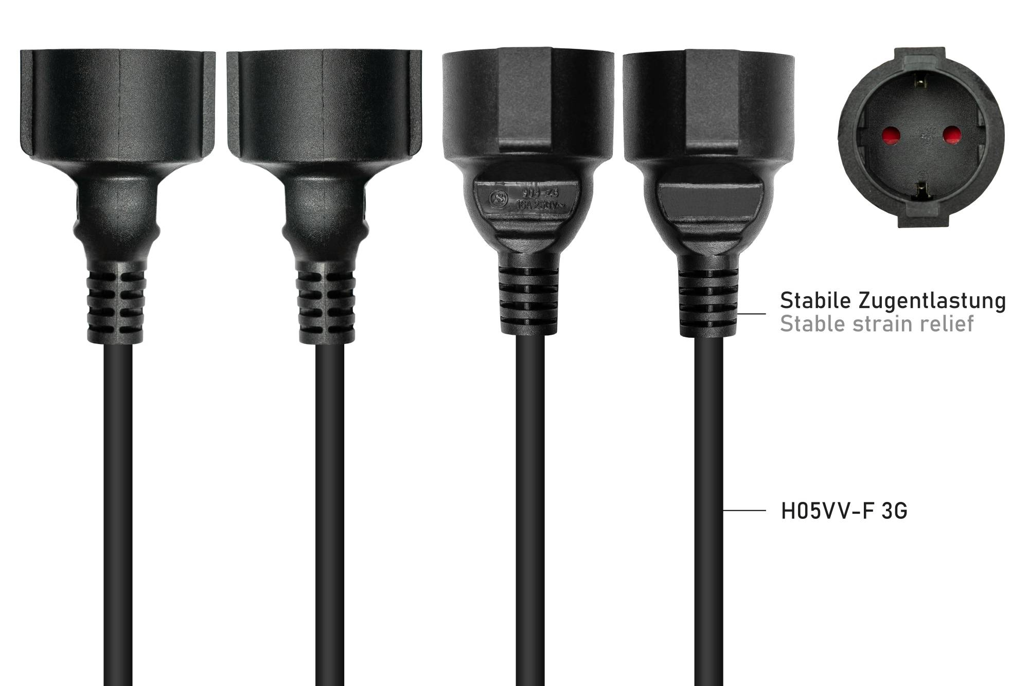 W-Netzkabel Schutzkontakt-Stecker Typ E+F (CEE 7/7, gewinkelt) an 3x Buchse, schwarz, 0,2m