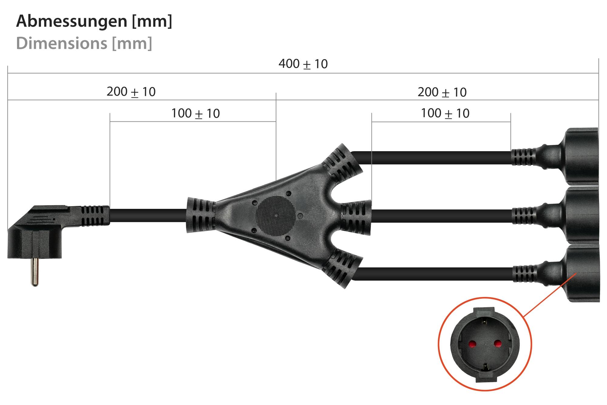 W-Netzkabel Schutzkontakt-Stecker Typ E+F (CEE 7/7, gewinkelt) an 3x Buchse, schwarz, 0,2m