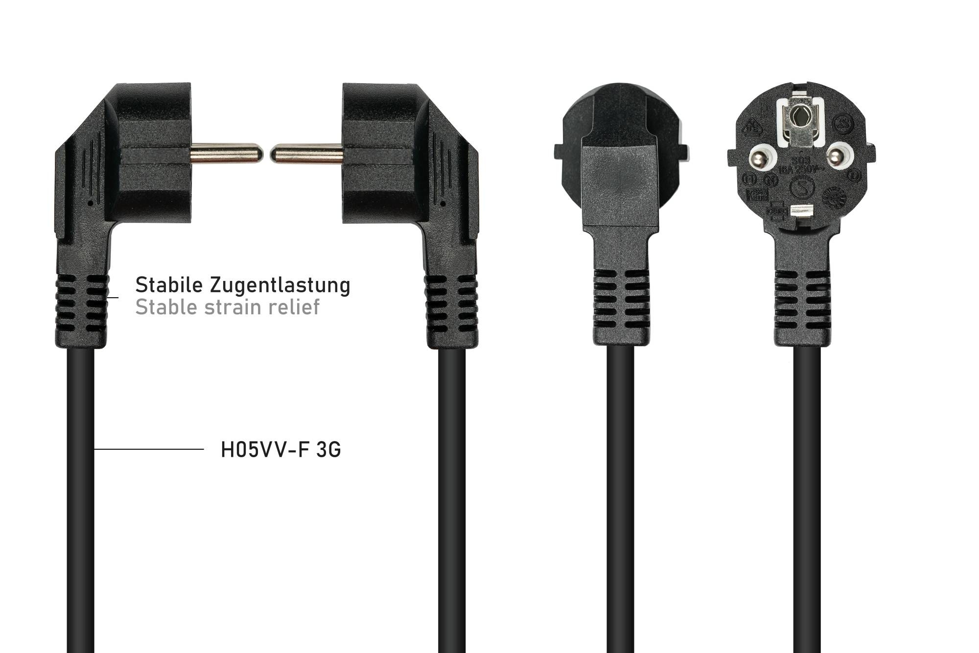 W-Netzkabel Schutzkontakt-Stecker Typ E+F (CEE 7/7, gewinkelt) an 3x Buchse, schwarz, 0,2m