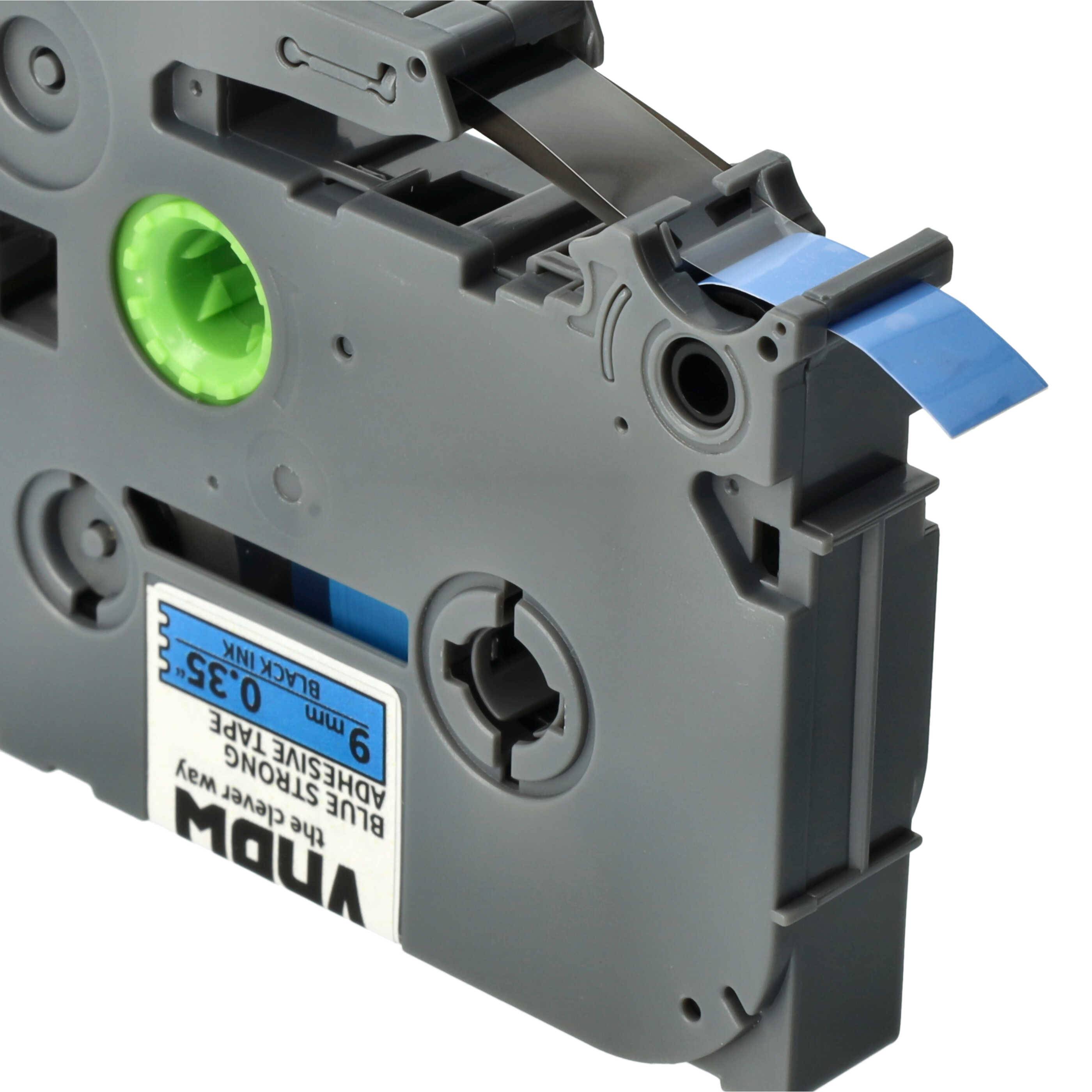 vhbw Schriftband-Kassette kompatibel mit Brother PT 1250, 1200S, 1230PC, 1200P Etiketten-Drucker 8m x 9mm Schwarz auf Blau, Extra Stark, Laminiert