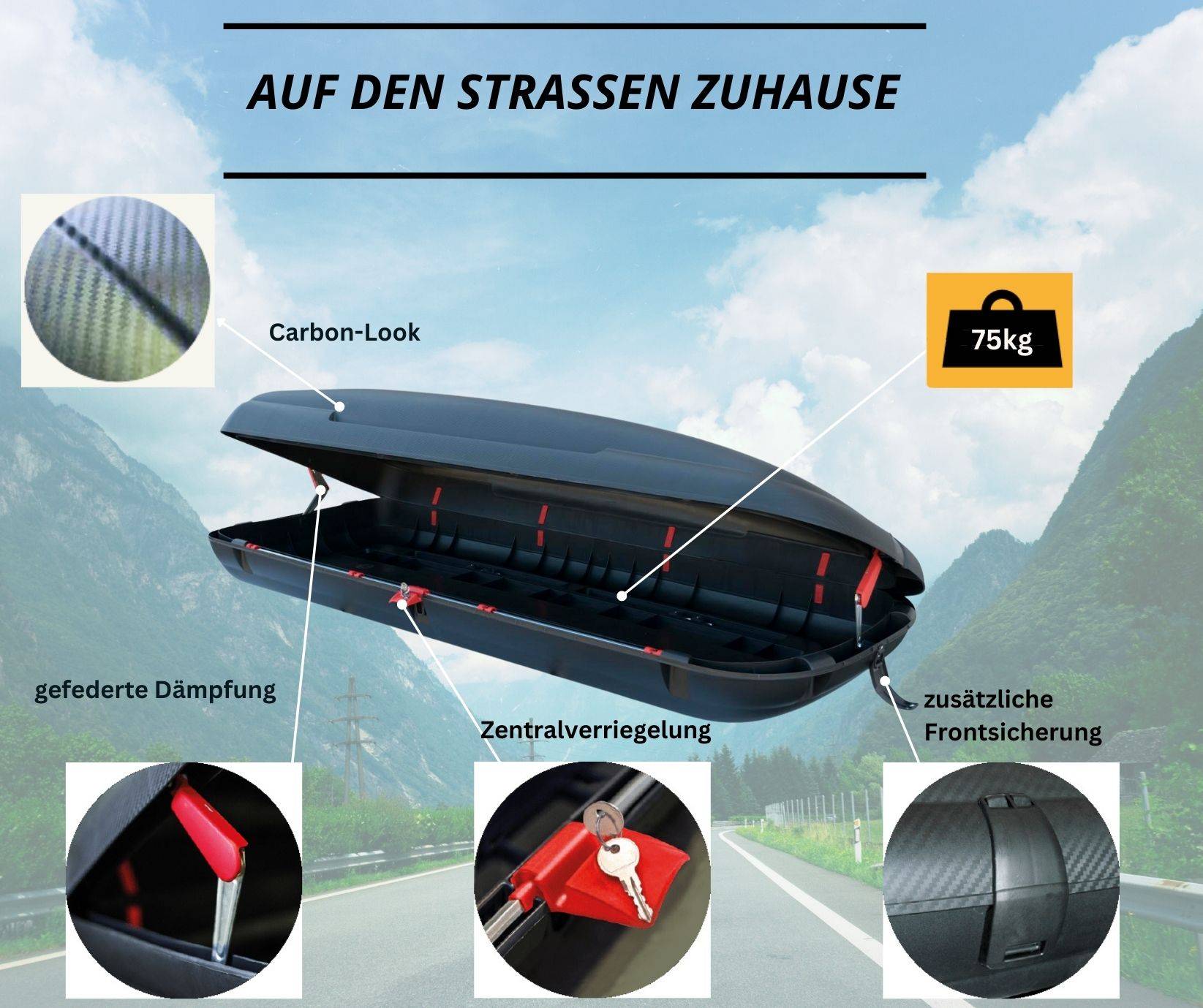 Dachbox VDP-BA480 - Dachkoffer mit 480 Liter Volumen - Autokoffer im Carbonlook - abschließbar dank Zentralverriegelung - Dachkoffer für Dachgepäck