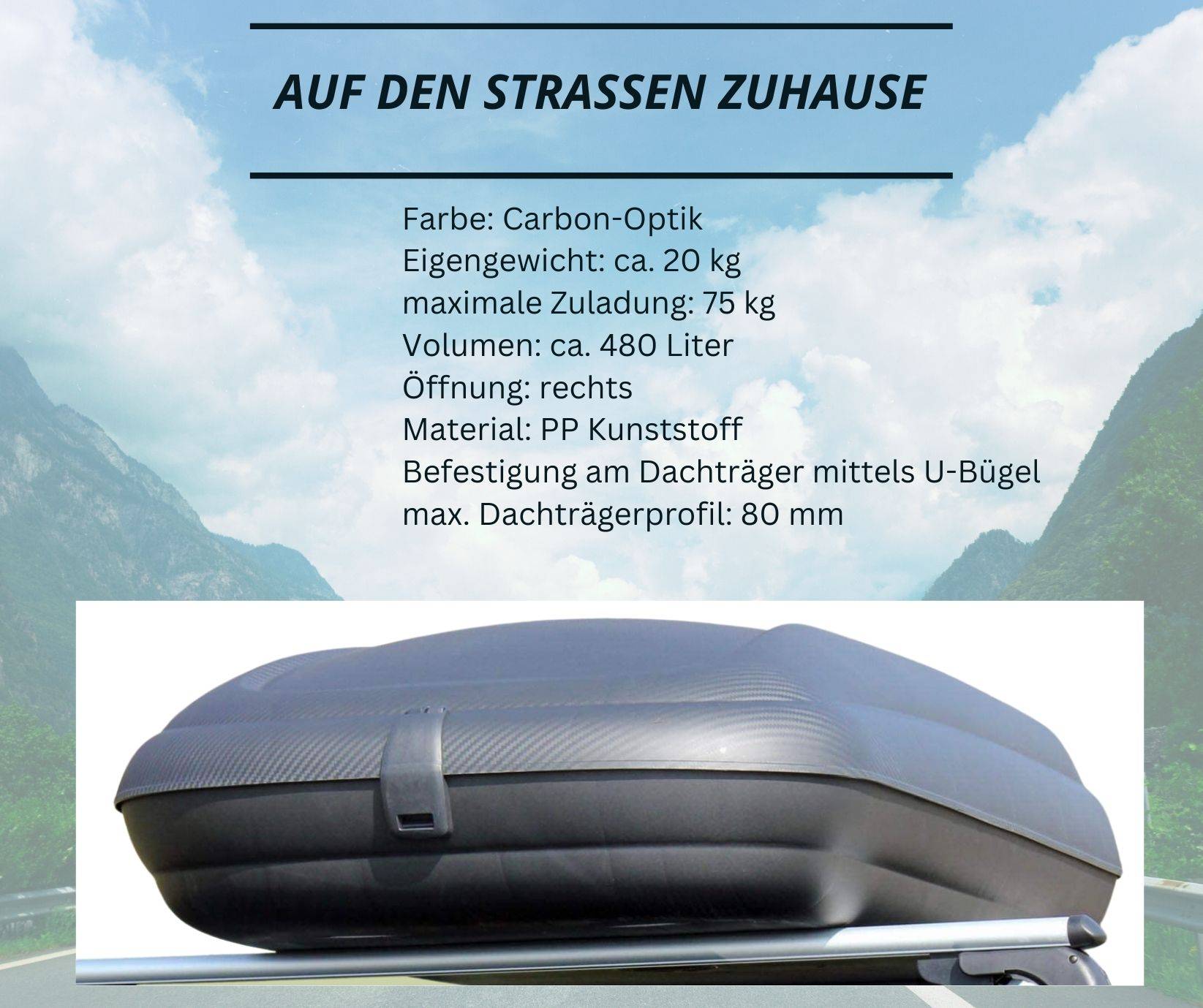 Dachbox VDP-BA480 - Dachkoffer mit 480 Liter Volumen - Autokoffer im Carbonlook - abschließbar dank Zentralverriegelung - Dachkoffer für Dachgepäck