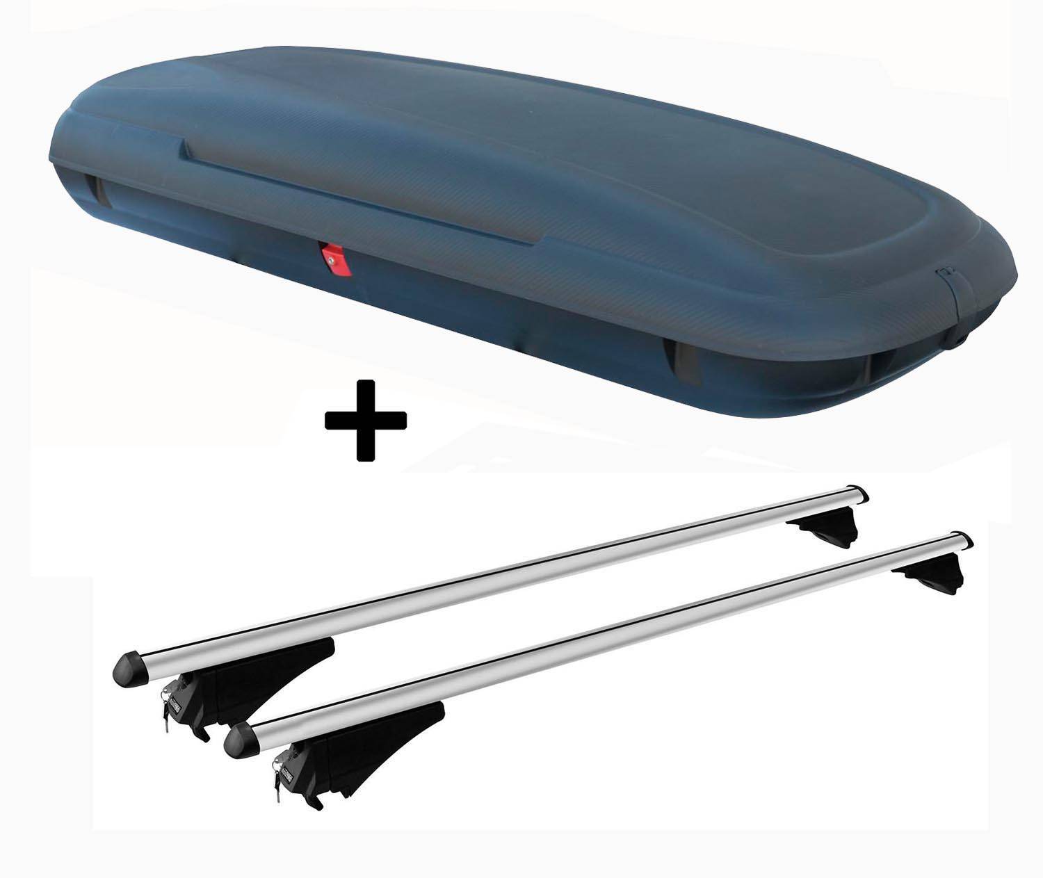 VDPCA480 Dachbox 480Ltr Carbon Look abschließbar + Alu Relingträger Tiger silber kompatibel mit für BMW X1 (E84) 2009-2015 aufliegende Dachreling