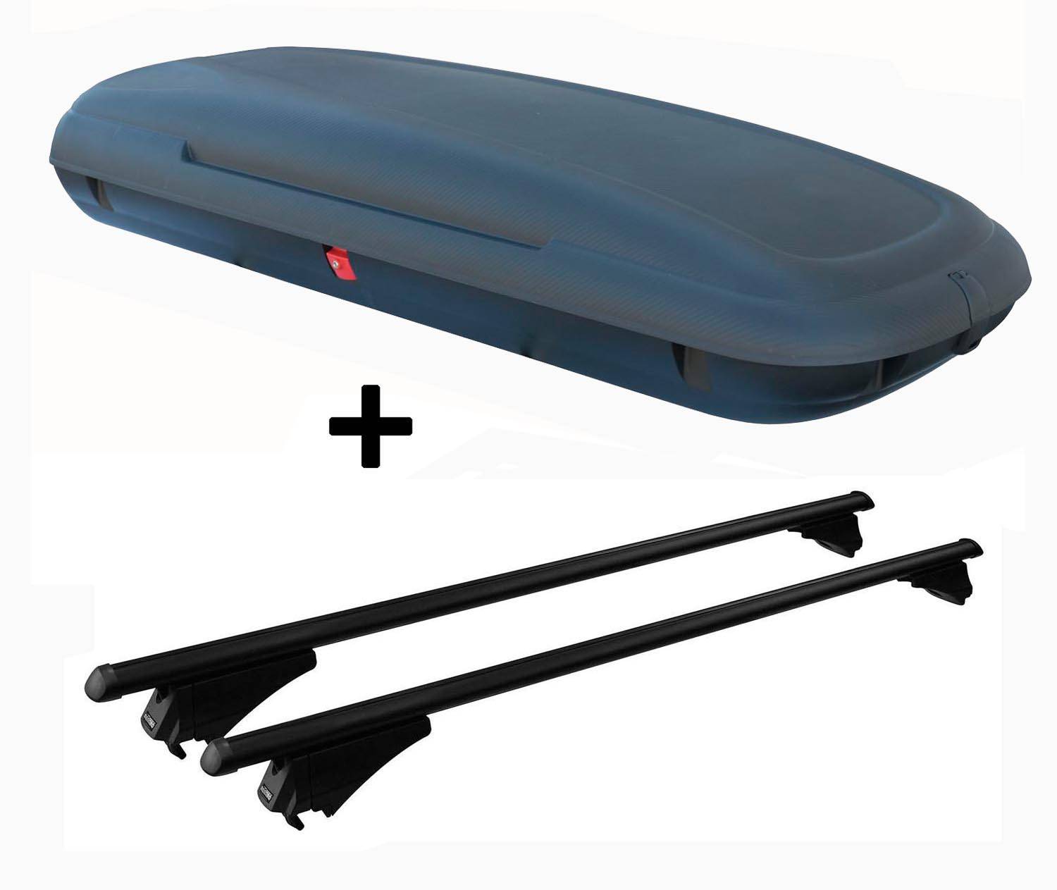 VDPCA480 Dachbox 480Ltr Carbon Look abschließbar + Alu Relingträger Tiger schwarz kompatibel mit für Volvo XC60 ab 2008 aufliegende Dachreling