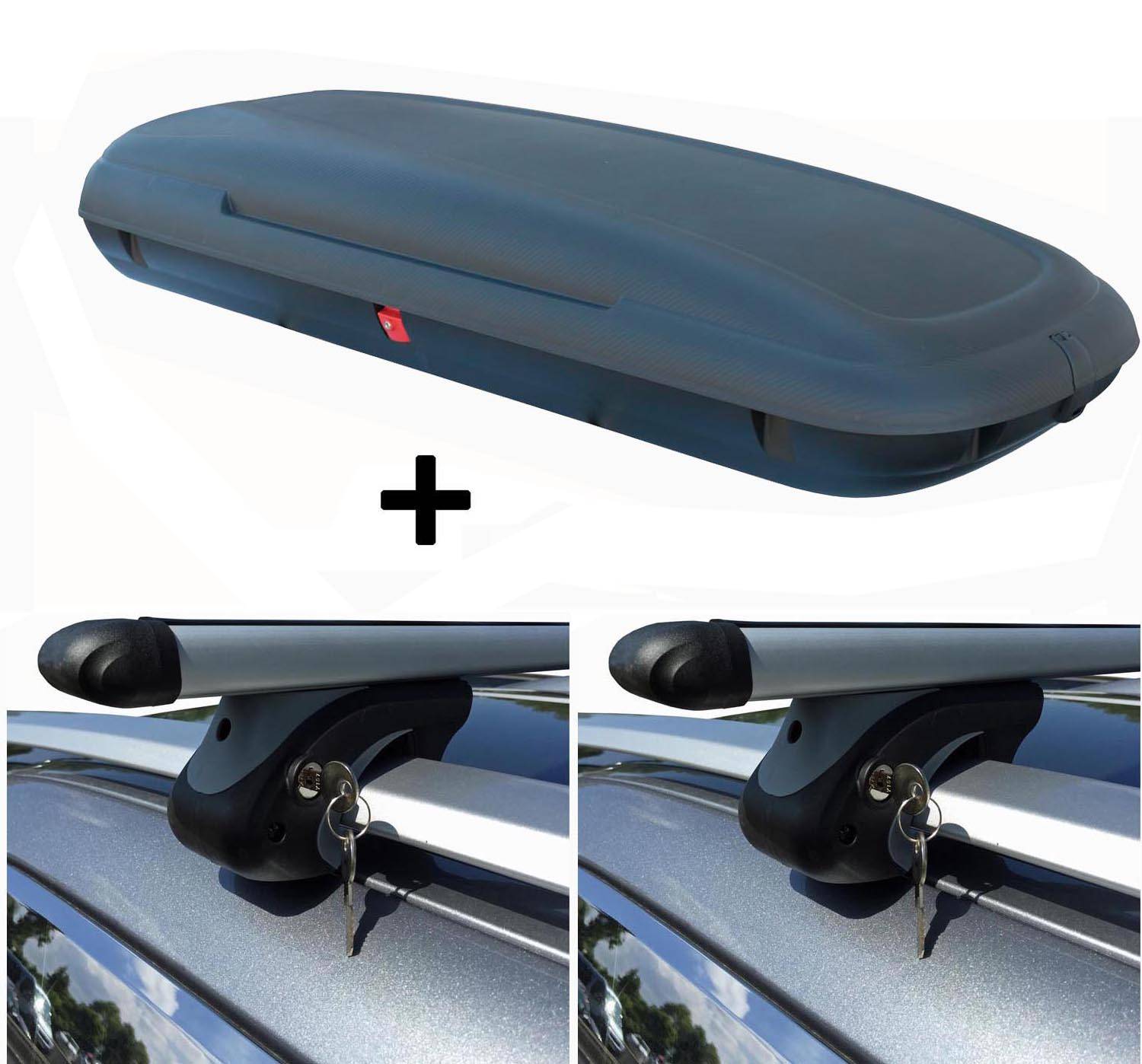 VDP-CA480 Dachbox 480 Liter Carbon Look abschließbar + Alu Relingträger VDP L120 kompatibel mit für Ford Mondeo BA7 07-'11 bis abschließbar