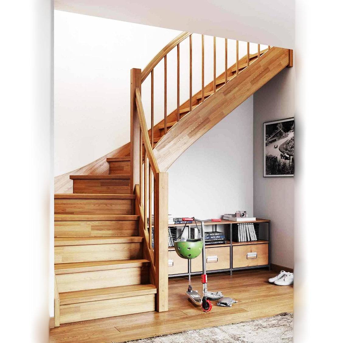 Dolle Geschosstreppe Hockenheim 1/4-gewendelt 234-260cm GH Buche weiß Geländer Holz rechteck