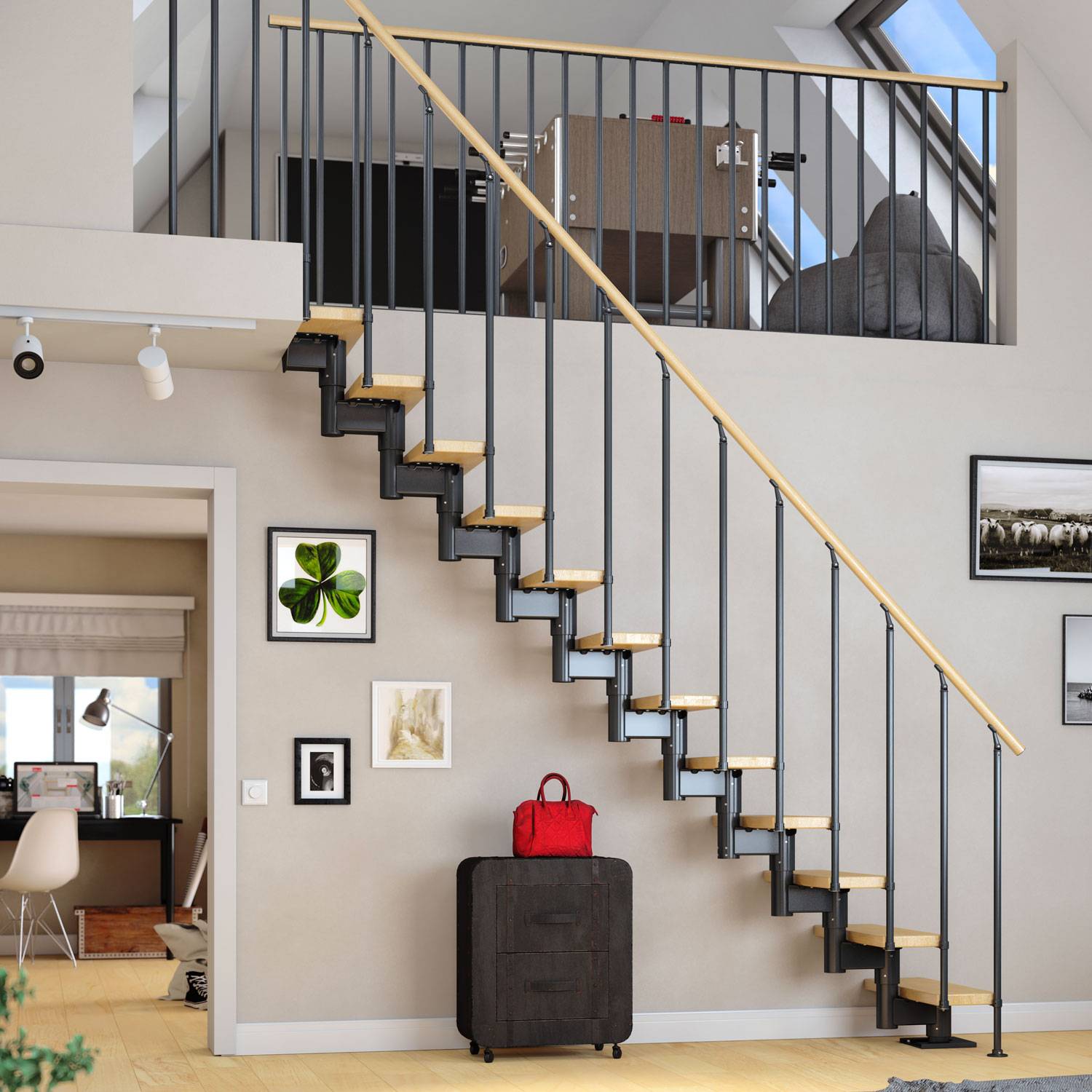 Dolle Mittelholmtreppe Cork Eiche, lackiert 1/4 gewendelt 79 cm breit für GH 240 – 292 cm UK Metall Anthrazit mit Geländer