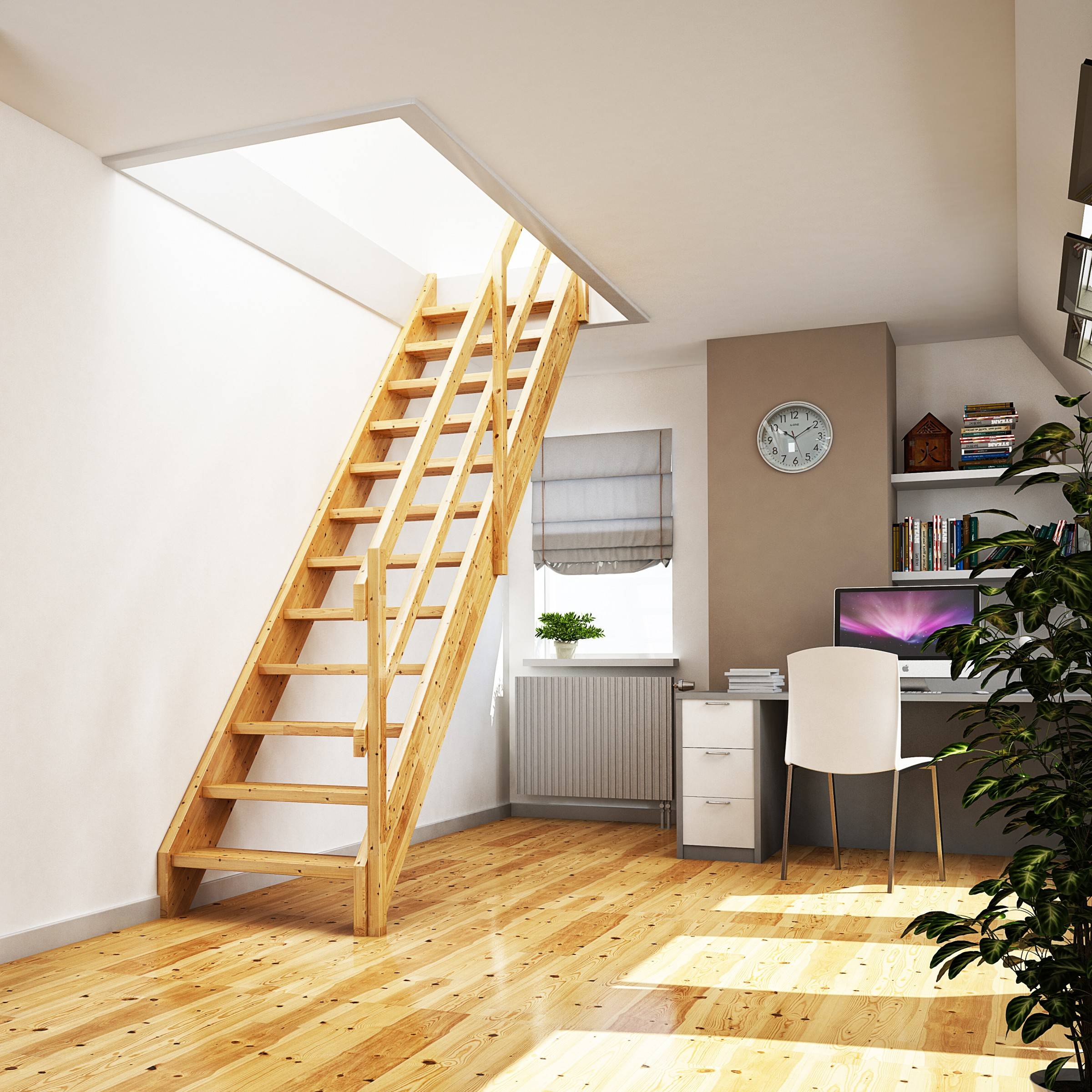 Dolle Raumspartreppe Faro 1/2-gewendelt 243-299cm GH 55-75cm breit Buche versiegelt Knieleiste aus Holz