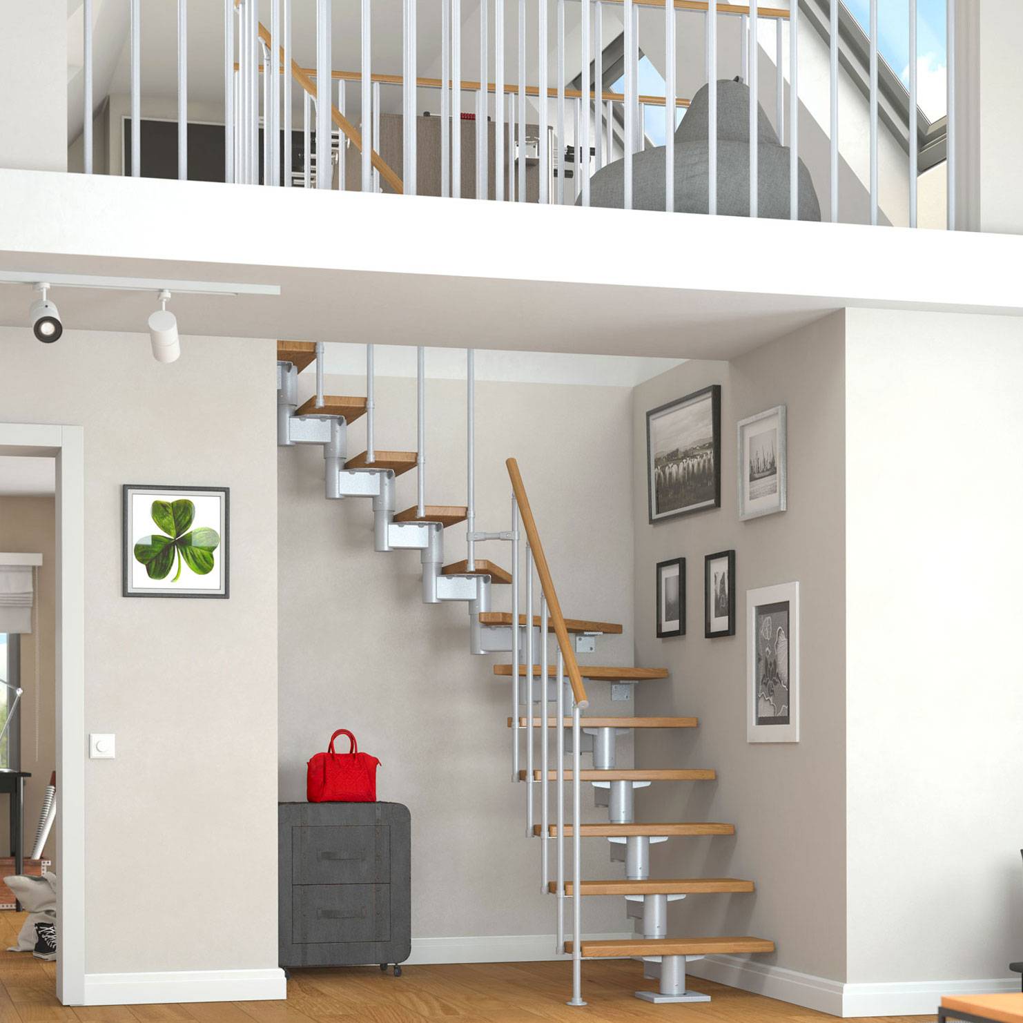 Dolle Mittelholmtreppe Cork Buche, lackiert 1/4 gewendelt 75 cm breit für GH 222 – 270 cm UK Metall Perlgrau mit Geländer