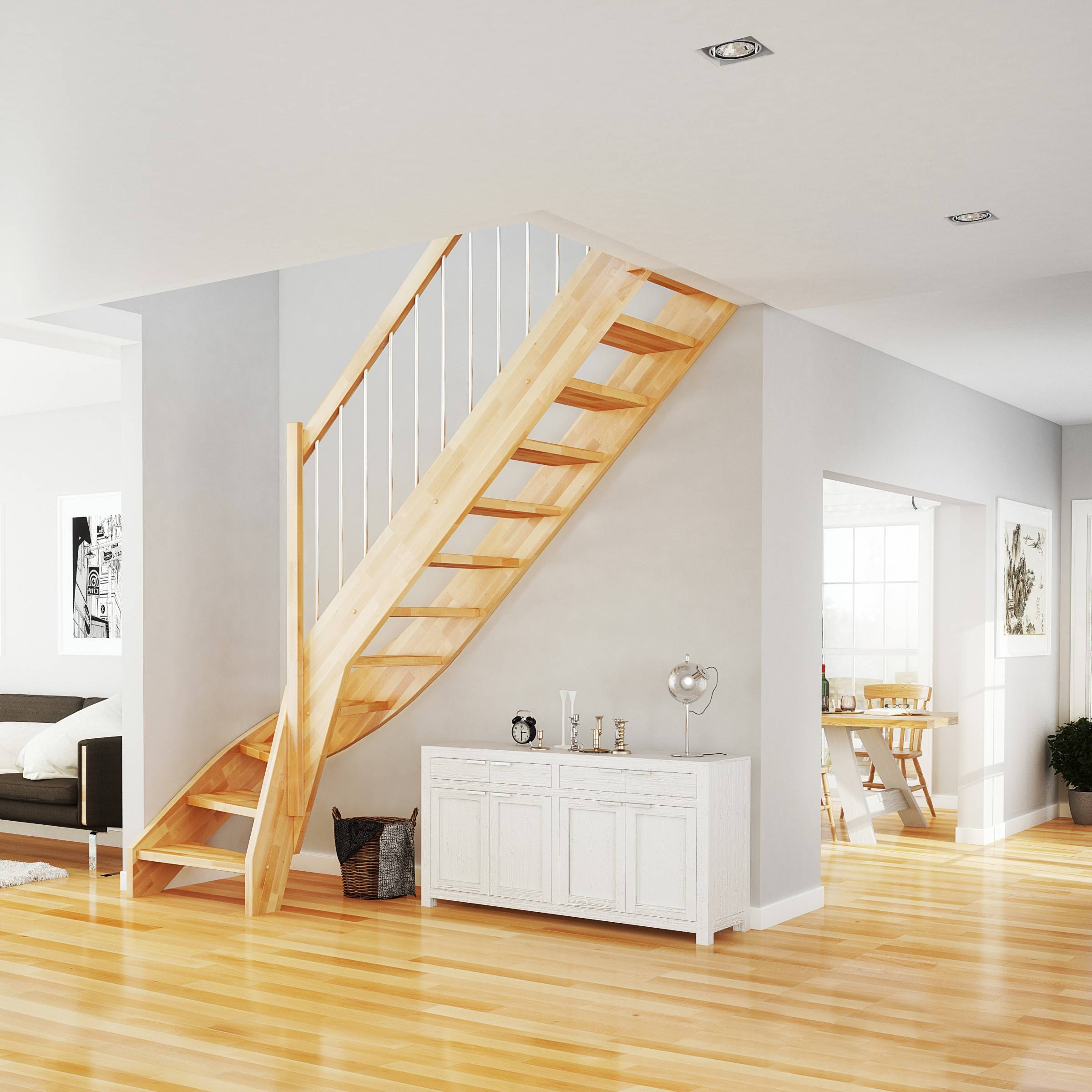Dolle Raumspartreppe Faro 1/4-gewendelt 243-299cm GH 55-75cm breit Eiche unbehandelt Stabgeländer aus Holz rund 20 mm