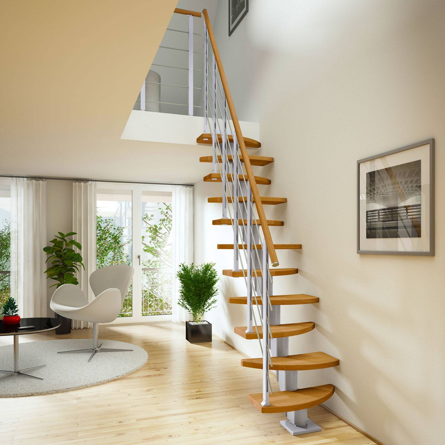 Dolle Mittelholmtreppe Berlin Eiche weiß, geölt 64 cm breit für Geschosshöhen 222 – 270 cm UK Metall Perlgrau inkl. einseitigem Designgeländer