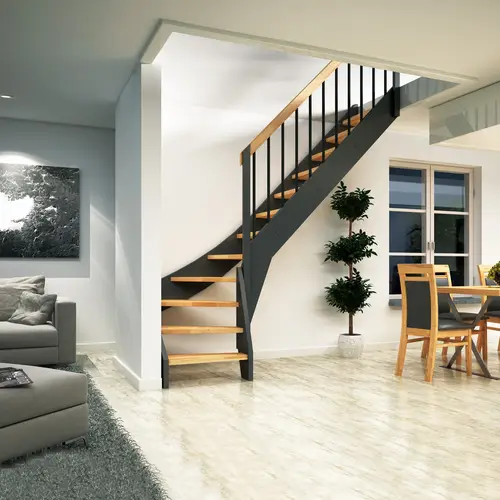 Dolle Raumspartreppe Faro 1/2-gewendelt 243-299cm GH 55-75cm breit Eiche versiegelt Stabgeländer aus Edelstahl rund 16 mm Dolle Raumspartreppe Faro 1/2-gewendelt 243-299cm GH 55-75cm breit Eiche versiegelt Stabgeländer aus Edelstahl rund 16 mm