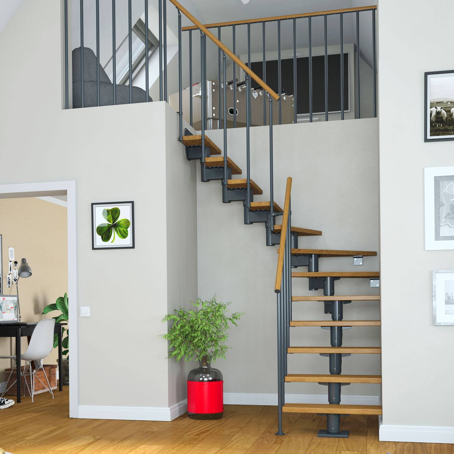 Dolle Mittelholmtreppe Cork Eiche, lackiert 1/2 gewendelt 79 cm breit für GH 222 – 270 cm UK Metall Anthrazit mit Geländer
