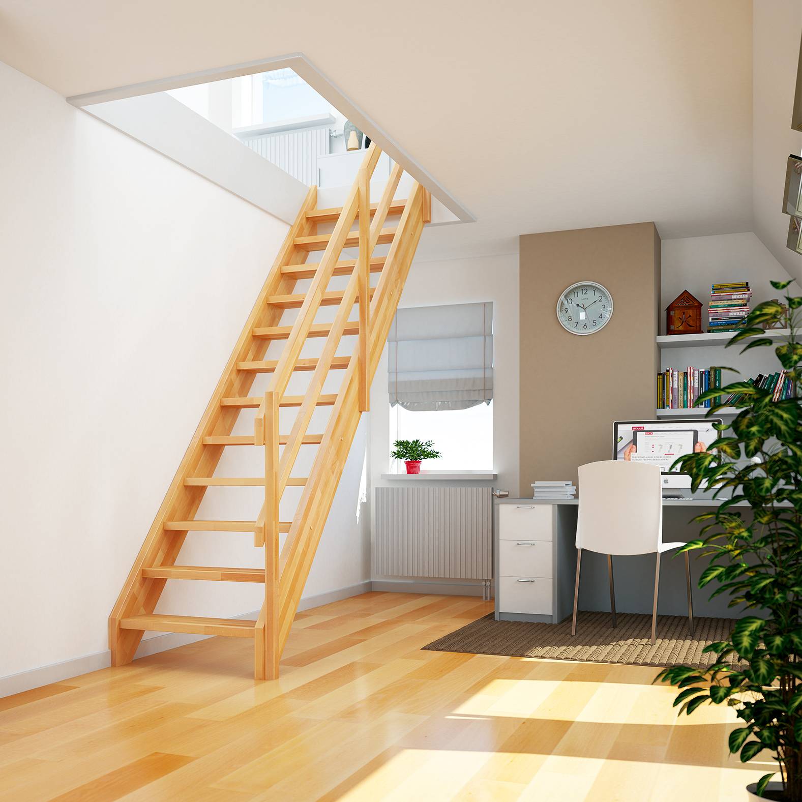 Dolle Raumspartreppe Faro 1/2-gewendelt 243-299cm GH 55-75cm breit Buche weiß Stabgeländer aus Edelstahl rund 16 mm