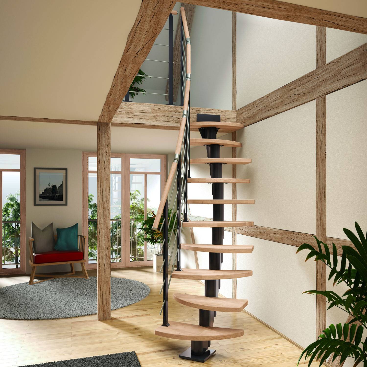 Dolle Mittelholmtreppe Berlin Buche, geölt 64 cm breit für Geschosshöhen 240 – 292 cm UK Metall Perlgrau inkl. einseitigem Designgeländer