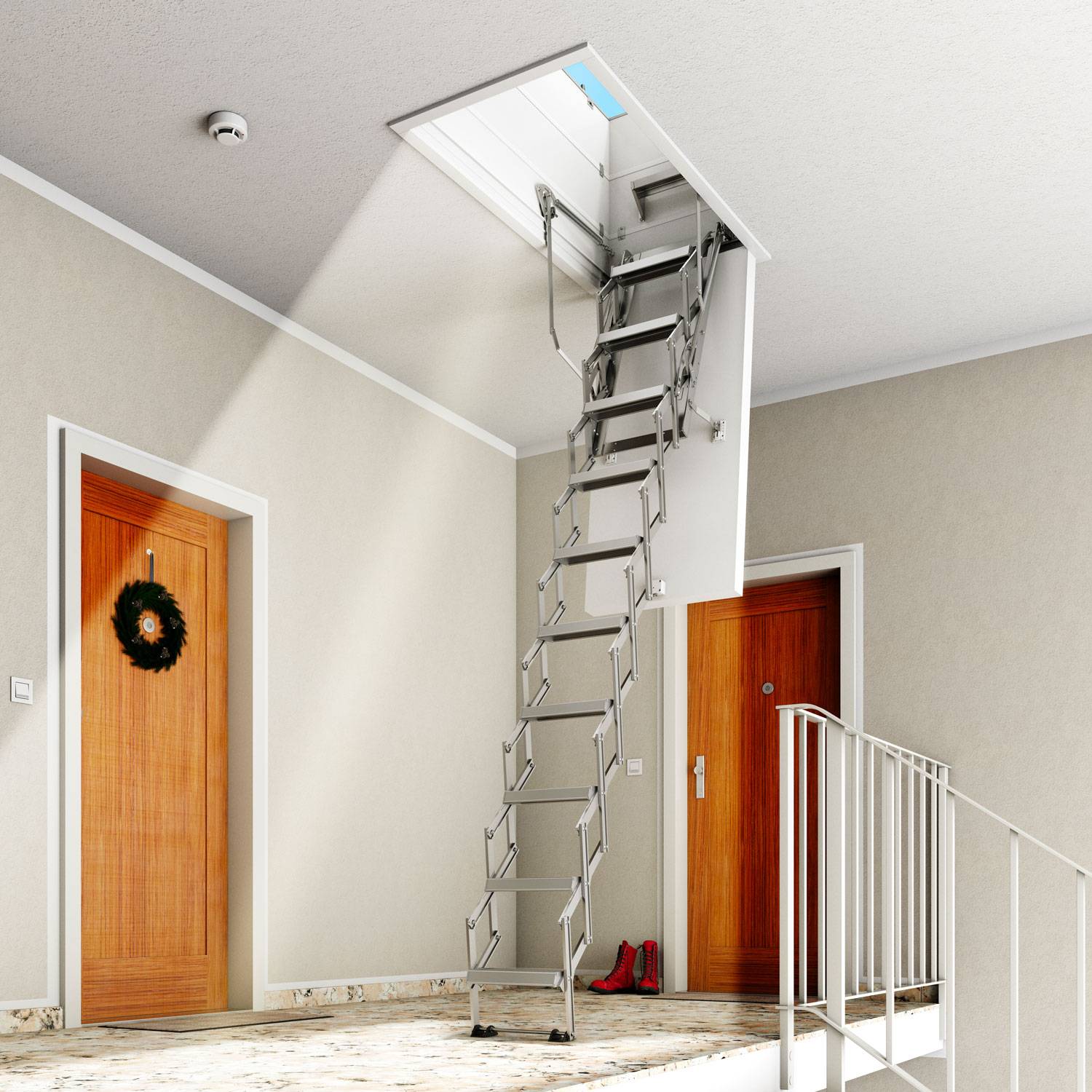 Dolle Flachdachausstieg clickFIX® vario Aluminium-Scherentreppe 120 x 70 cm 1 Zwischenrahmen 386 – 415 cm Raumhöhe